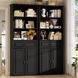 Aheaplus - 80'' Tall Bookcase with Drawer and Cabinet, Floor Standing Bookcase with 3-Tier Storage Shelves, 2-Piece Set - Black