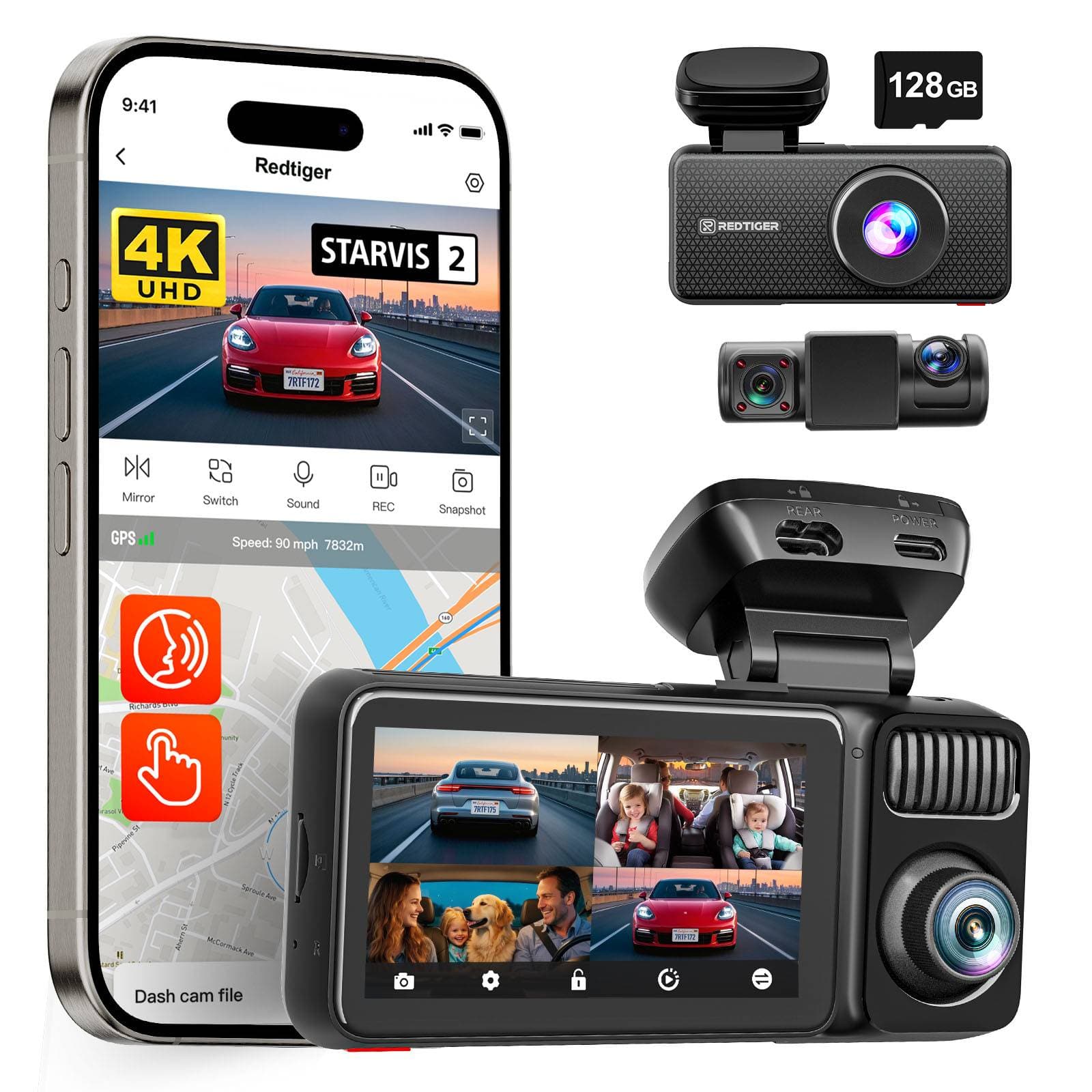 REDTIGER - 4 Channel Dash Cam 2.7K + 1080P*3 STARVIS 2 360° Front Inside and Rear Cabin Car Camera - Black