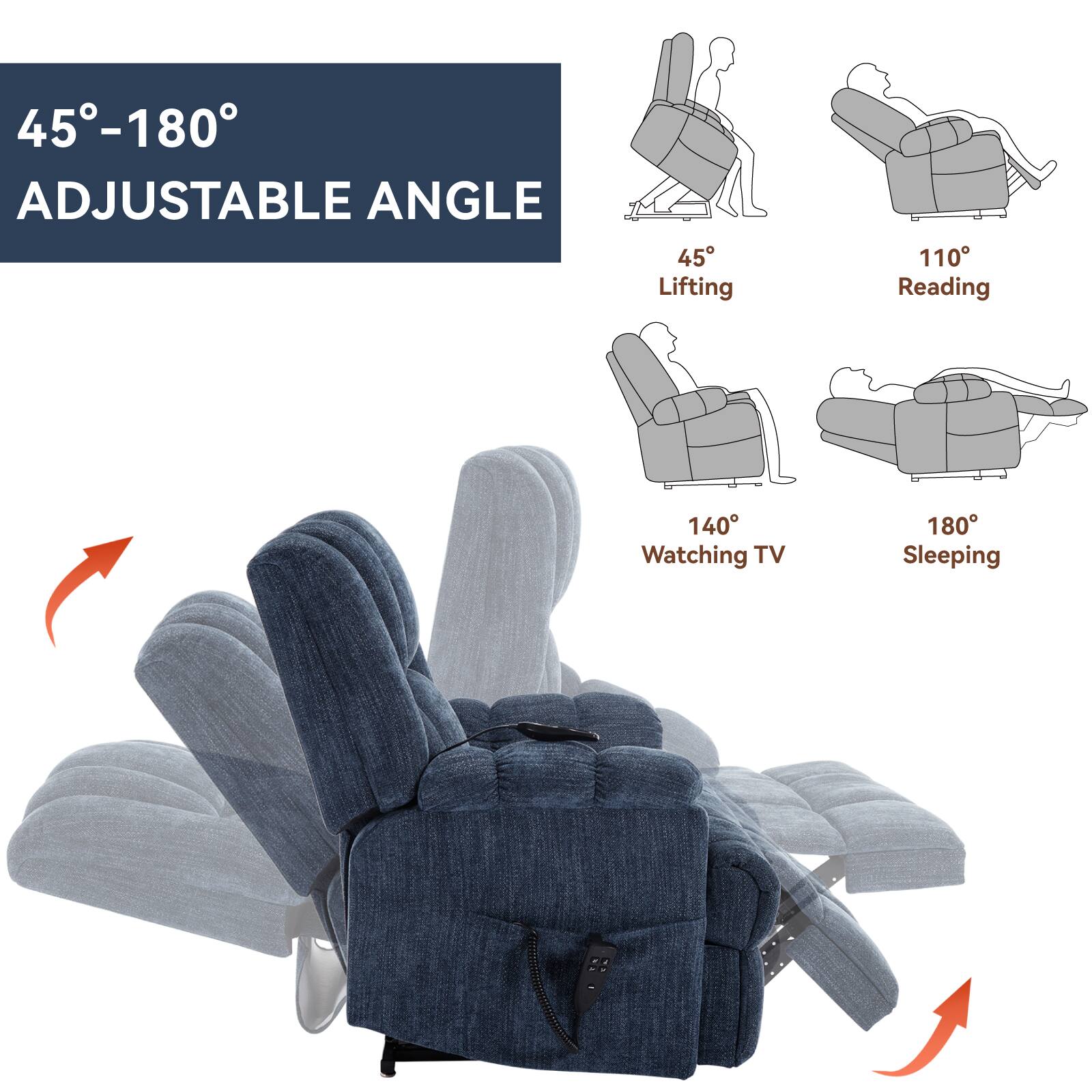 45°-180° Adjustable Angle

45° Lifting  
110° Reading  
140° Watching TV  
180° Sleeping