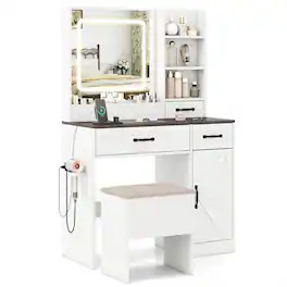Pefilos - Vanity Desk and Stool Set, LED Lighted Mirror, 7 Drawers & 3 Shelves, Integrated Charging Station, Practical - White