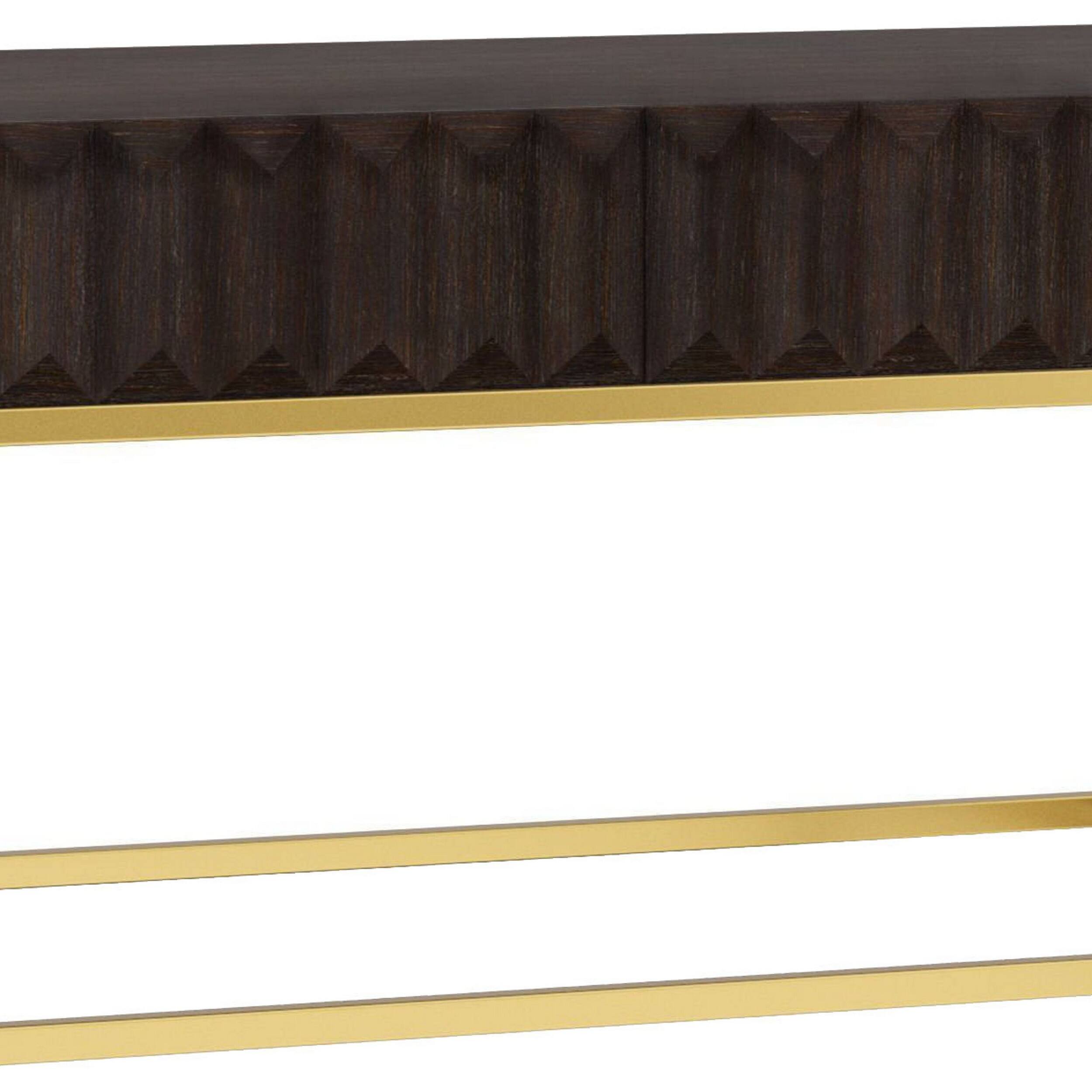 Alt View 2. Manhattan Lane - Bran 48 Inch Rectangular Coffee Table, Brown Wood, Gold Base, 2 Drawers - Dark Brown, Gold.