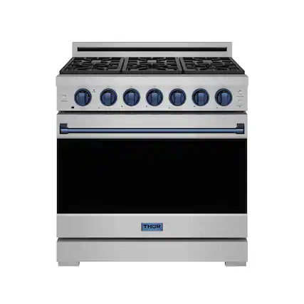 Front. Thor Kitchen - 36 in. Wide 6 Burner Gordon Ramsay Series by Thor Kitchen 6.0 Cu. Ft Freestanding Gas Range with Navy Blue Hardware - Stainless Steel.