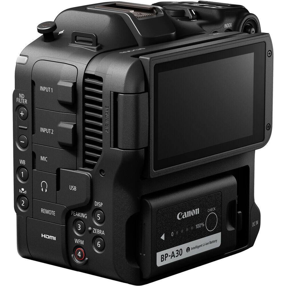 INDEX ND FILTER + INPUT 1 INPUT 2 INTAKE AIR - WB MIC 1 USB 2 REMOTE HOMI DISP PEAKING 5 3 ZEBRA WFM 6 4 CHECK Canon 100% 0 UHion Battery i Intelligent BP-A30 DCIN