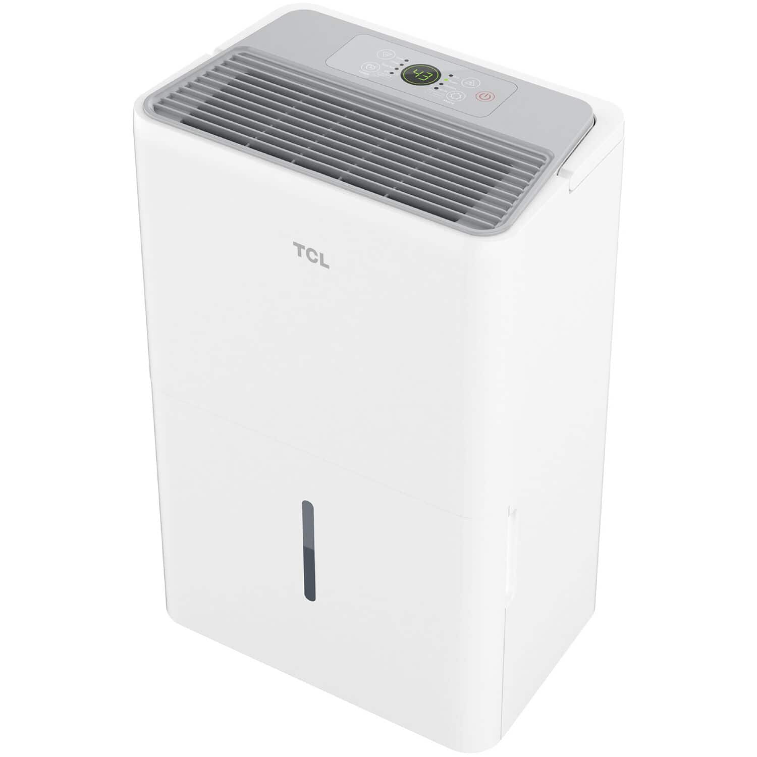 Left. TCL - 4,500 Sq. Ft. 50-Pint Smart Dehumidifier with Pump, 15 Pint Bucket Capacity, Energy Star Most Efficient 2024 - White.