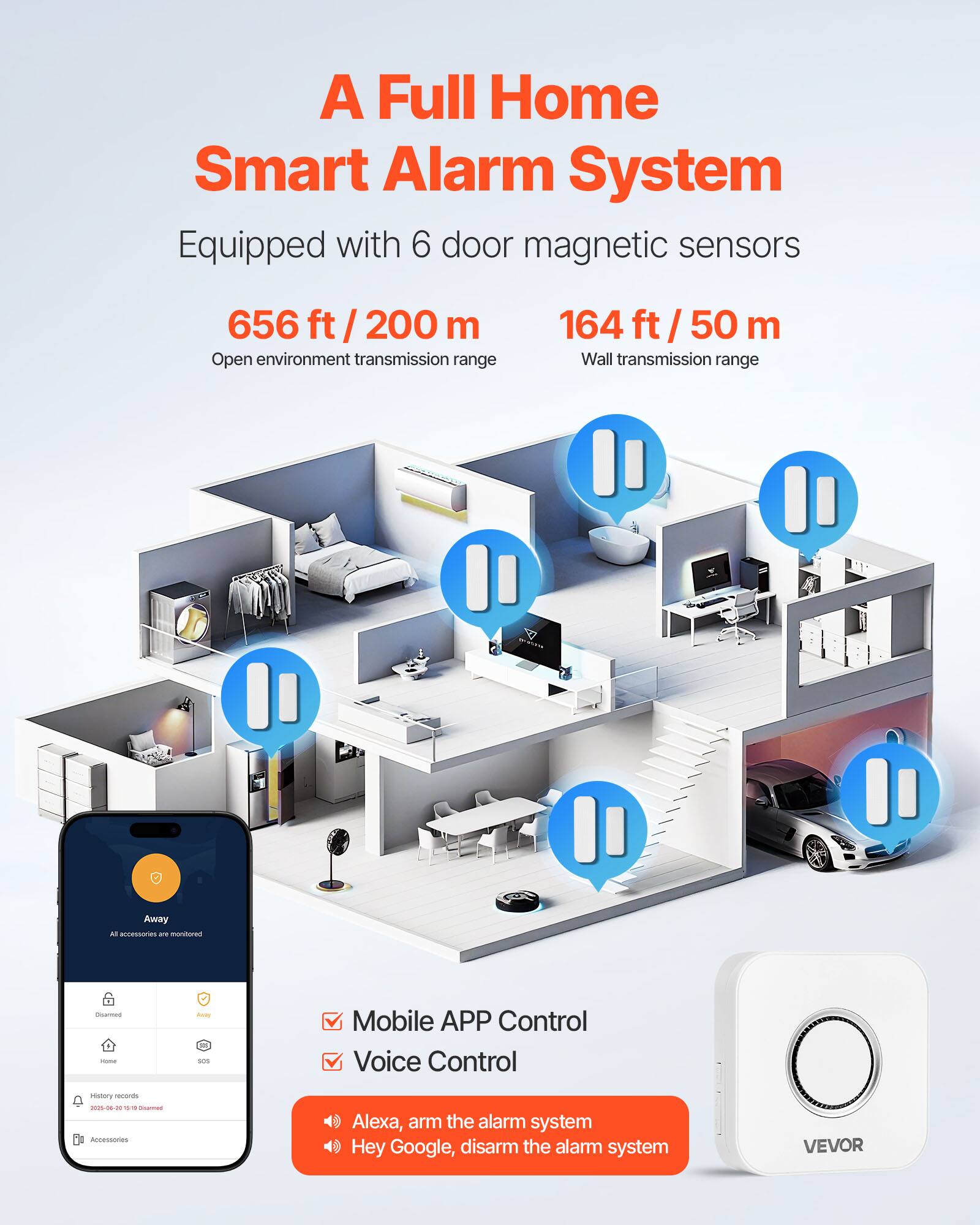 A Full Home Smart Alarm System  
Equipped with 6 door magnetic sensors  

656 ft / 200 m  
Open environment transmission range  

164 ft / 50 m  
Wall transmission range  

Mobile APP Control  
Voice Control  

Alexa, arm the alarm system  
Hey Google, disarm the alarm system  

VEVOR