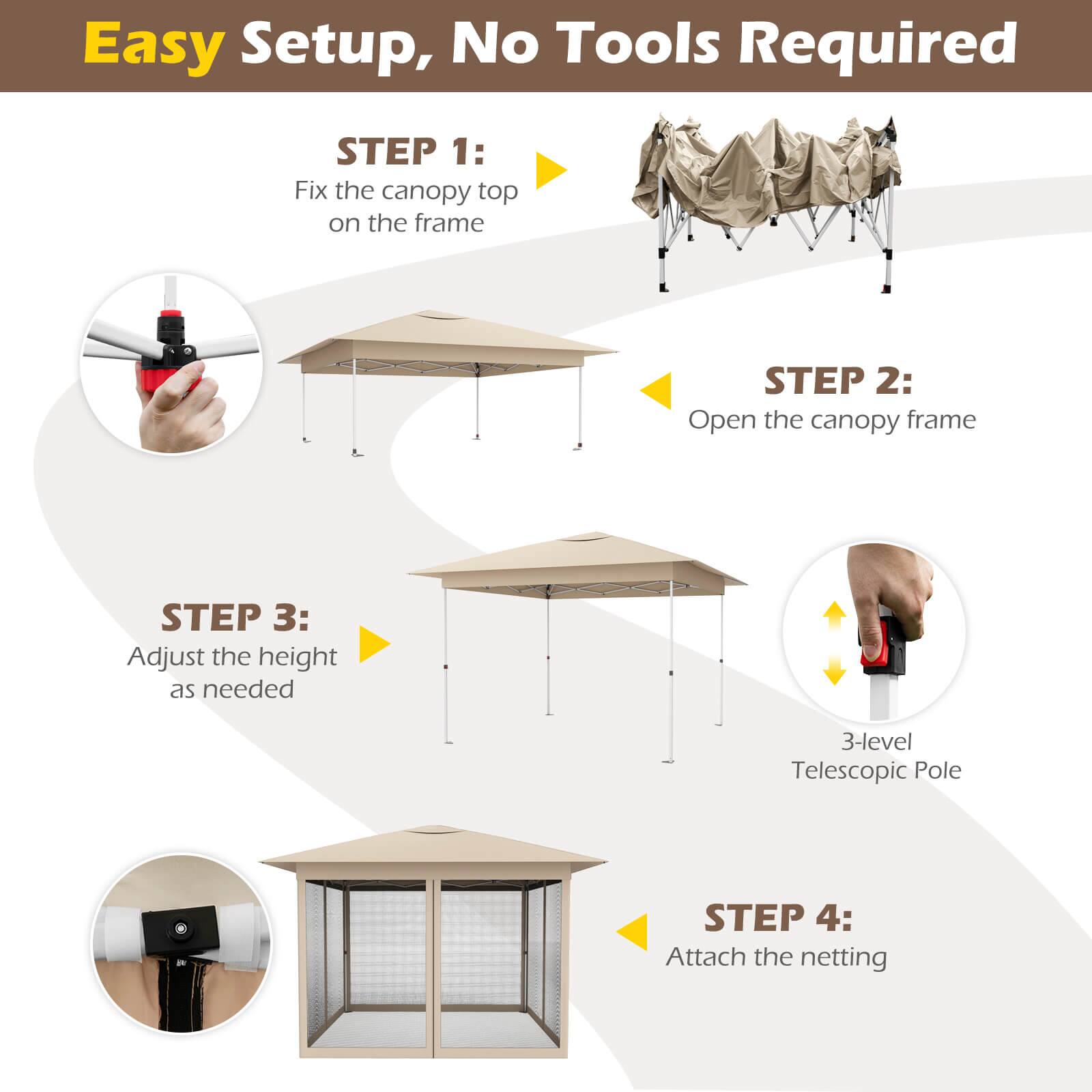 Easy Setup, No Tools Required

STEP 1: Fix the canopy top on the frame

STEP 2: Open the canopy frame

STEP 3: Adjust the height as needed

STEP 4: Attach the netting

3-level Telescopic Pole