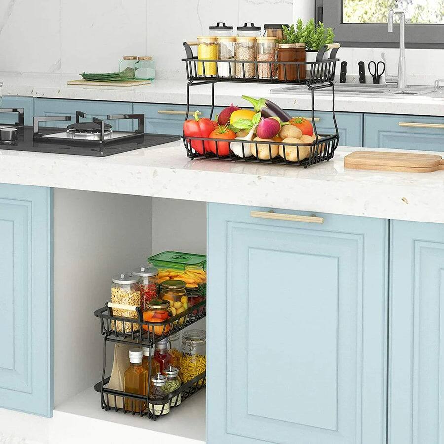 Alt View 1. Adivo - 2-Tier Fruit Basket with Double Wood Handles, Detachable Baskets, Durable Metal Kitchen Organizer - Black.