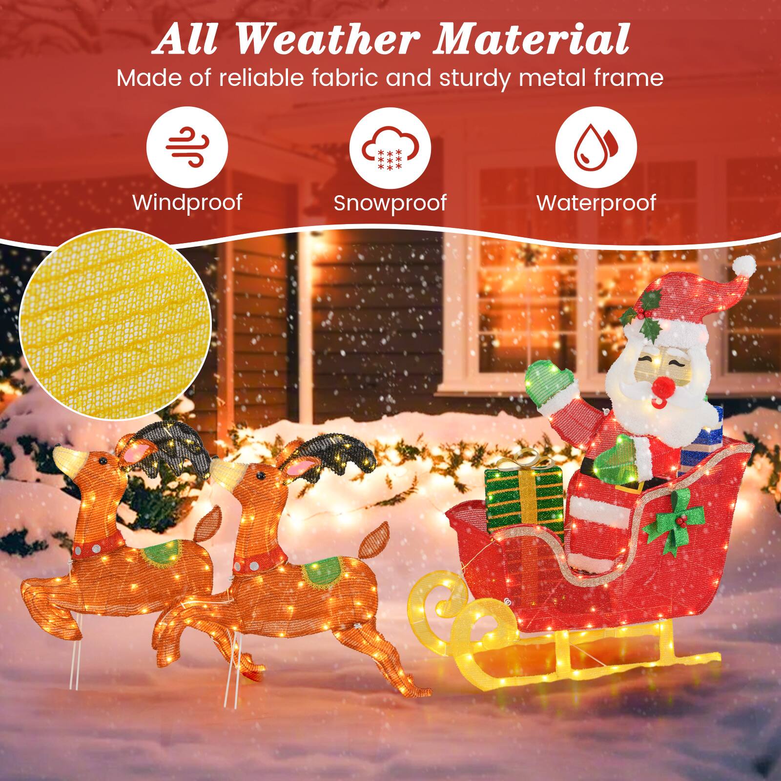 All Weather Material  
Made of reliable fabric and sturdy metal frame  

- Windproof  
- Snowproof  
- Waterproof