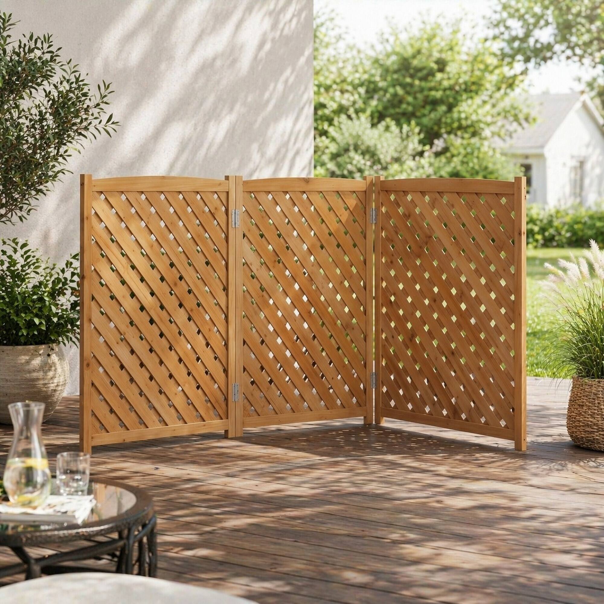 Alt View 3. RYHNUYNE - 3 Panel Wood Outdoor Privacy Fence Screen for Air Conditioner, 32 x 38 Inch Solid Wooden Patio Enclosure - Light Brown.