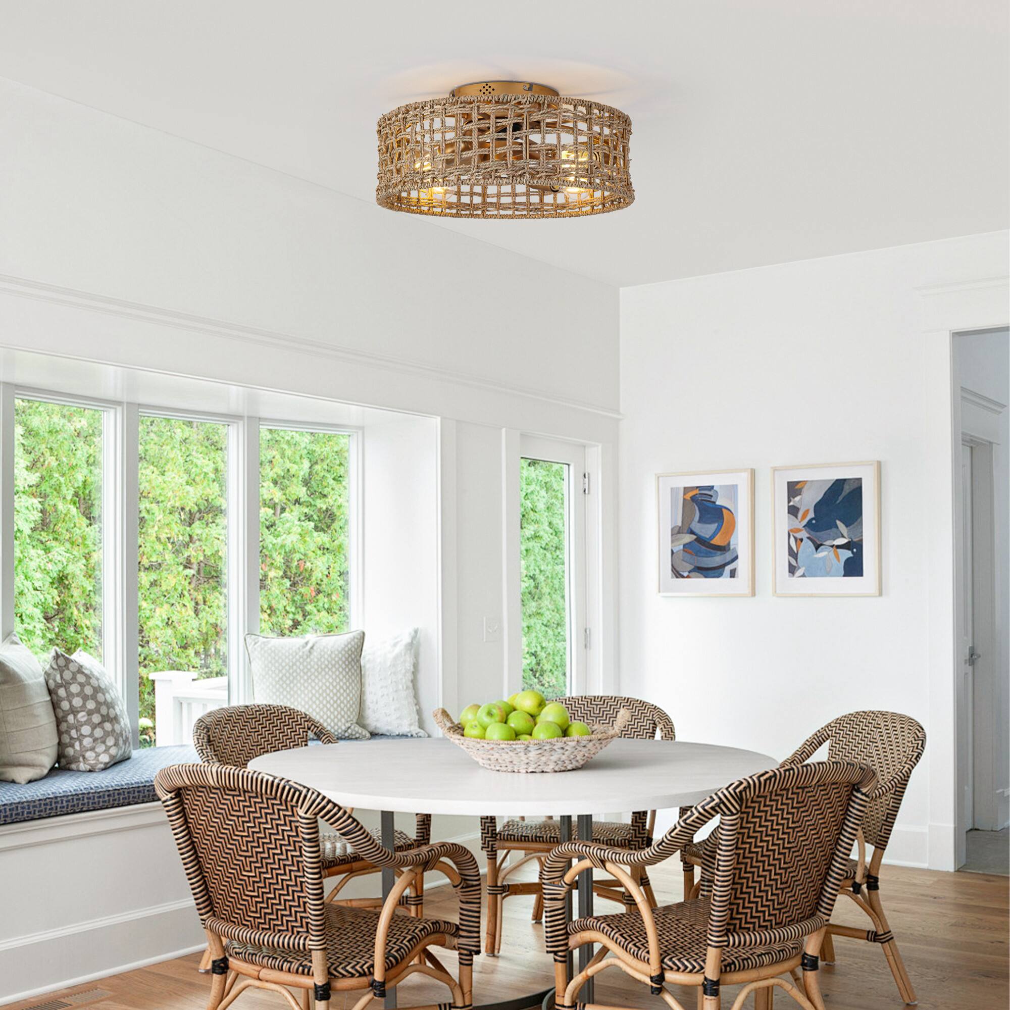 Left. Parrot Uncle - 17.72 in. Farmhouse Caged Straw Woven Smart Ceiling Fan with Light and Remote and App Control - Gold.