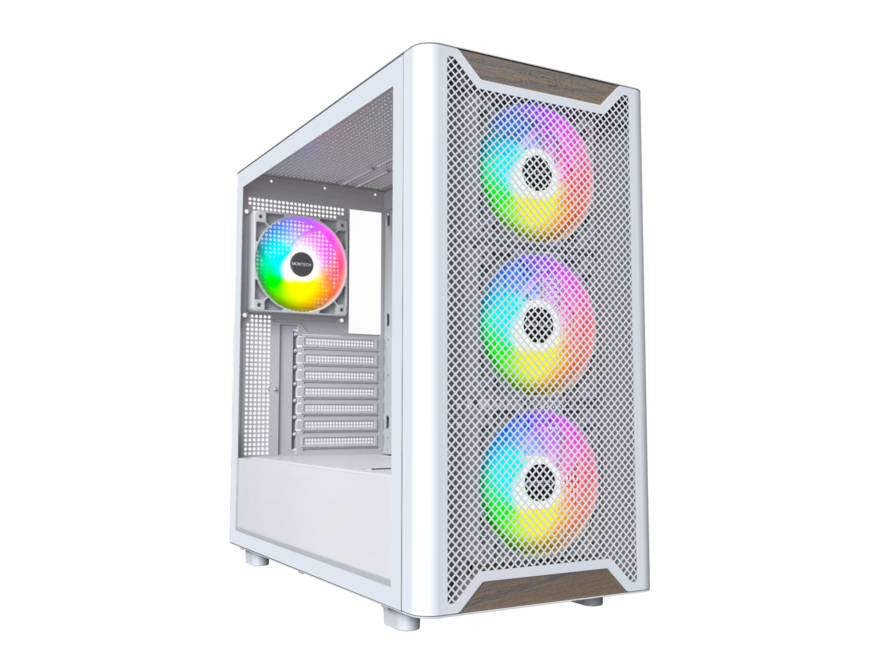 Montech - XR Wood, Black Walnut Front, ATX Mid-Tower, Glass Side, 4x ARGB Fans, White - Black