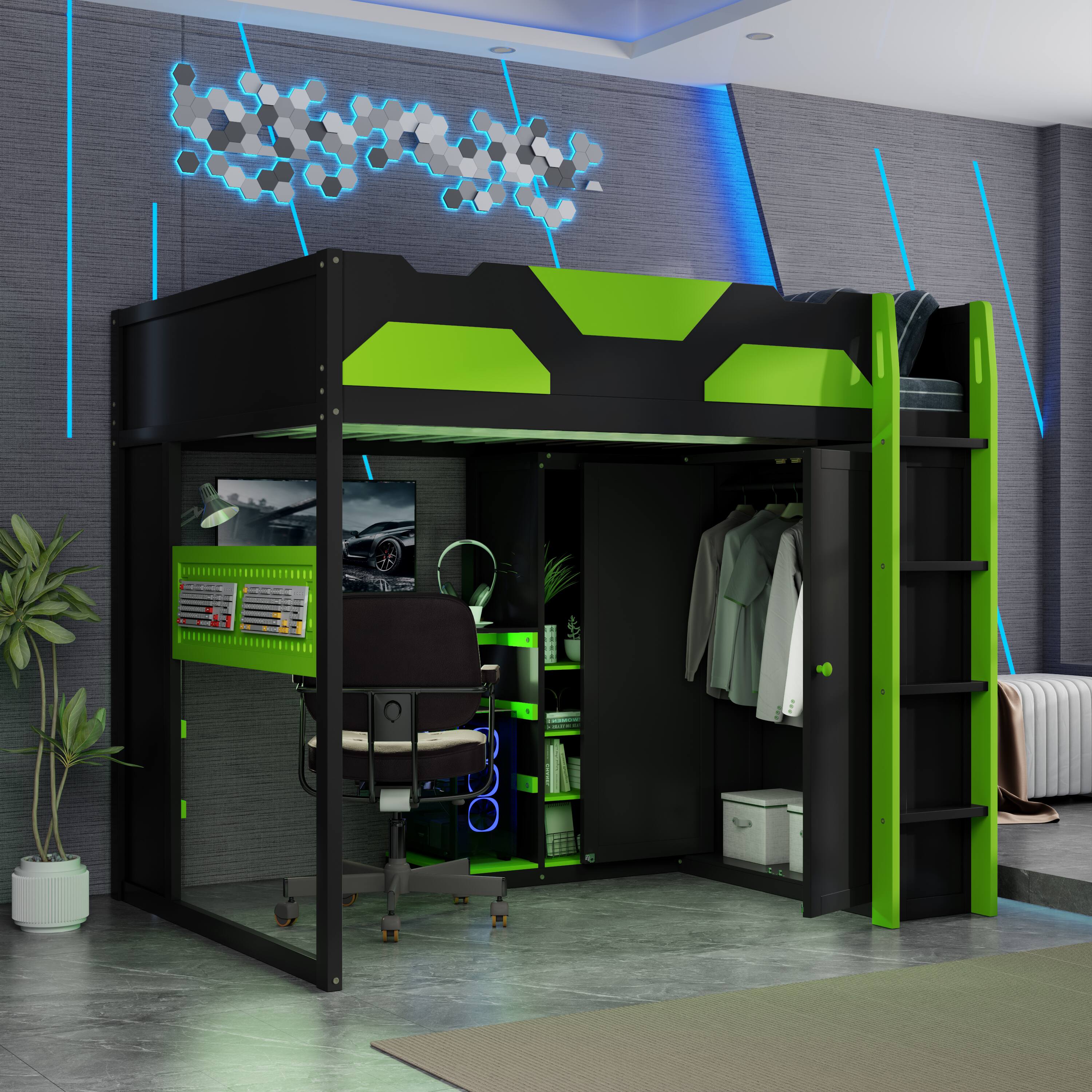 Angle. Anysun - Full Size Wood Loft Bed with Desk, Multi-storage Shelves,USB and RGB Light - Green.