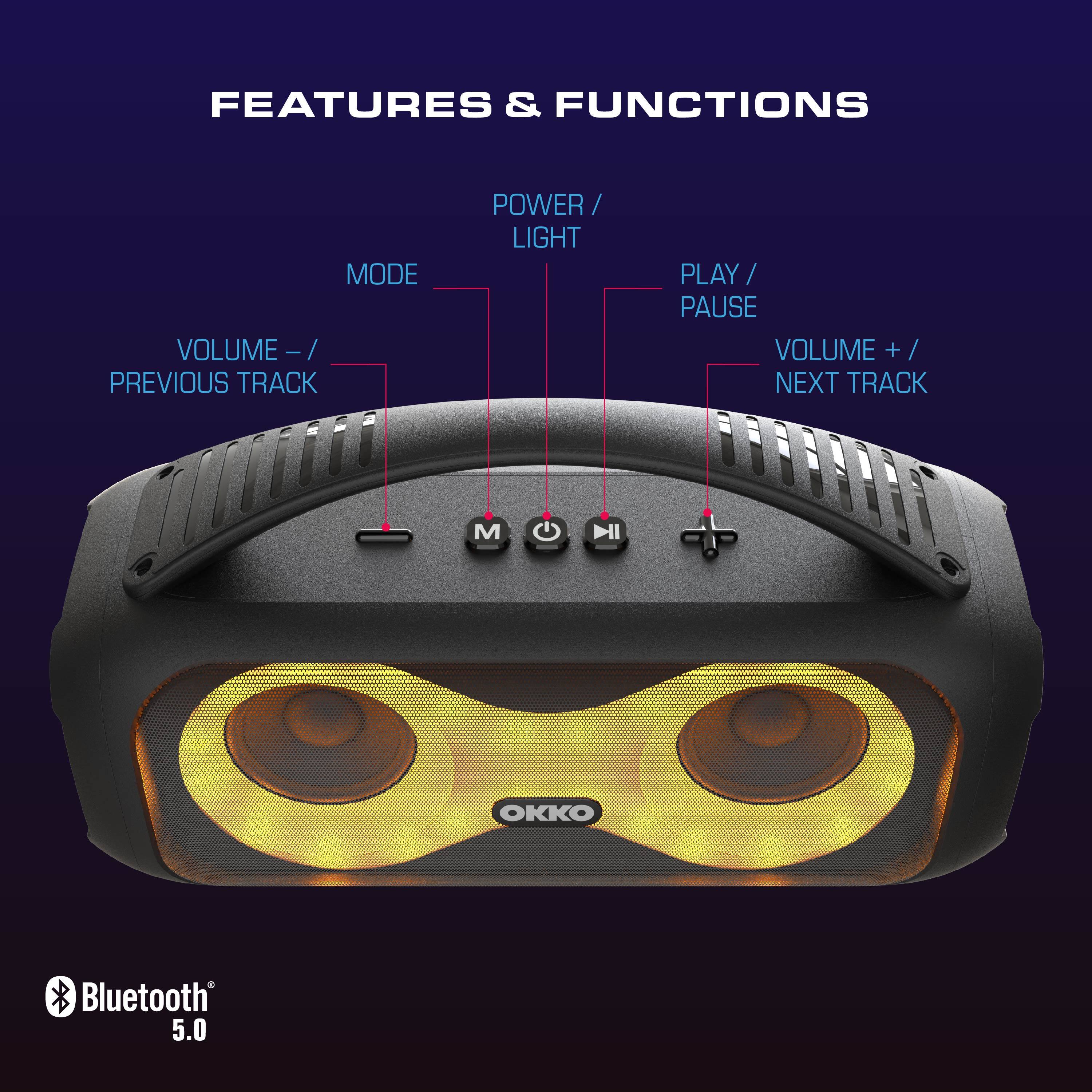 FEATURES & FUNCTIONS

- VOLUME -/ PREVIOUS TRACK
- MODE
- POWER / LIGHT
- PLAY / PAUSE
- VOLUME +/ NEXT TRACK

Bluetooth 5.0