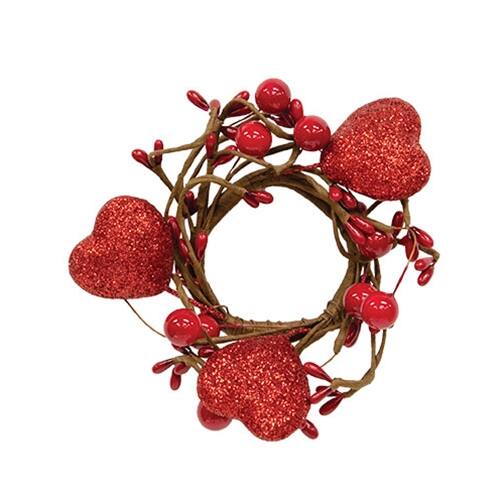 Front. BreeBe - Red Glitter Heart & Berries Candle Ring - 2" - Red, Brown.