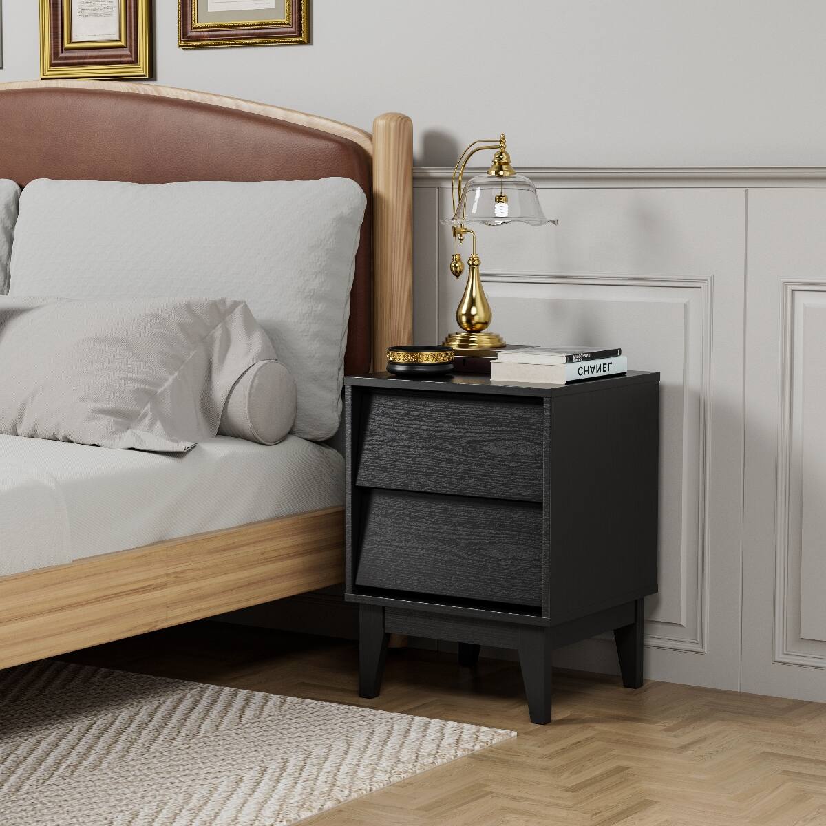 Angle. Loheer - Loheer Set of 2 Black Nightstands, Mid Century Modern Nightstand Set with Drawers - Black.