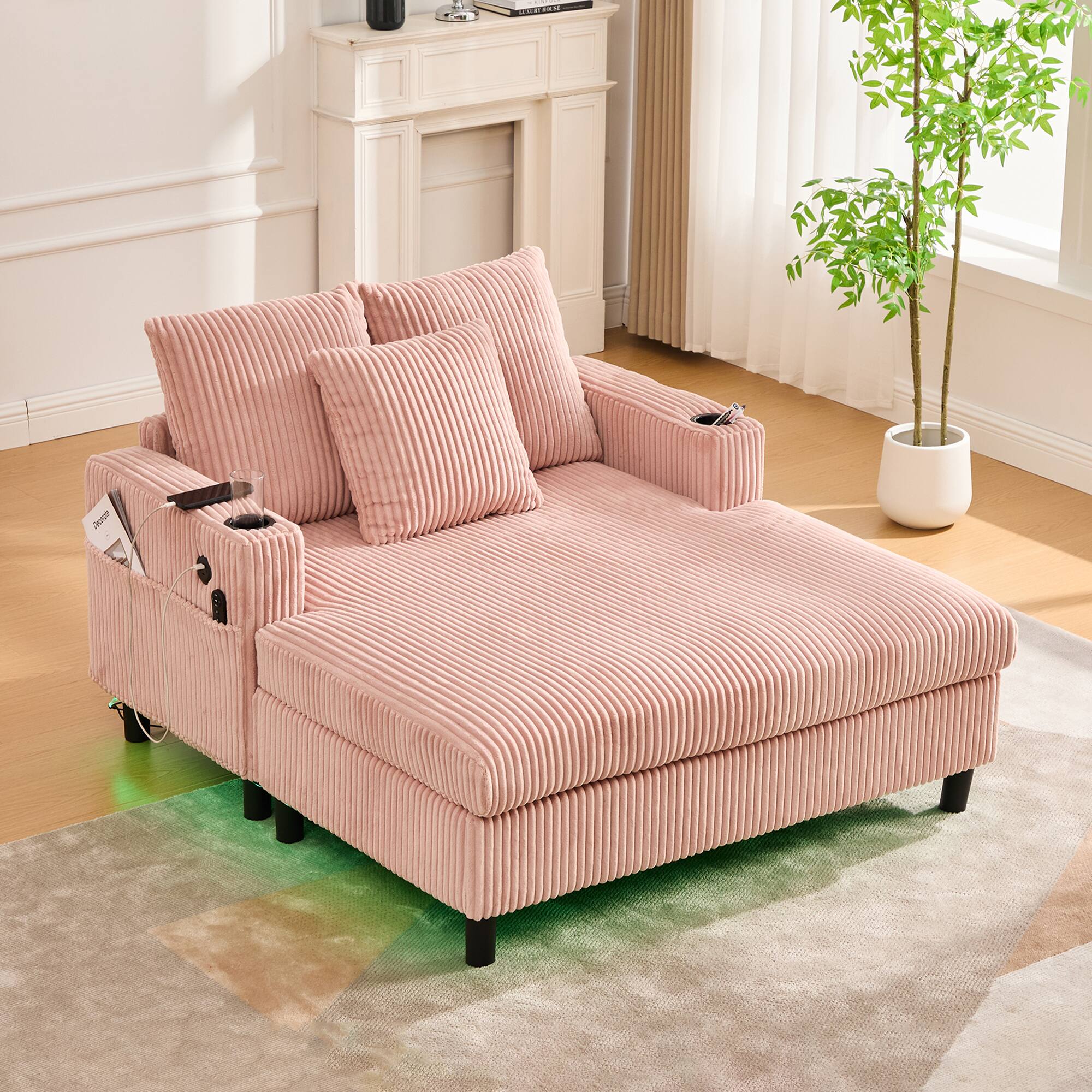 Alt View 7. Trinkets Crazed - Modern Corduroy Oversized Recliner Sofa with Deep Seat, USB Charging,RGB LED Light Strip - Pink.
