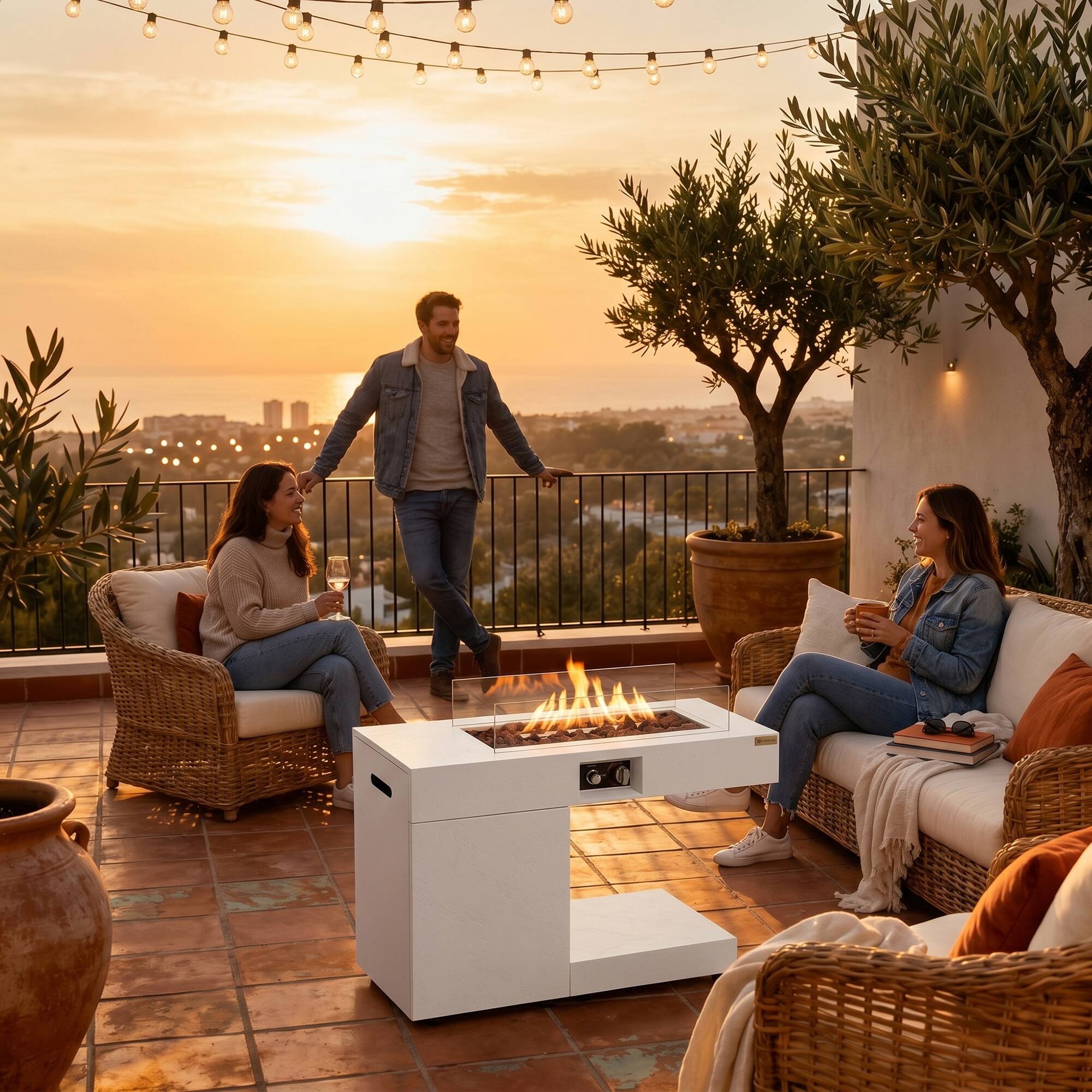 Left. Famapy - 40000 BTU Faux Stone Propane Fire Pit Table with Hidden Tank Holder, Auto-Ignition, 5mm Wind Guard Outdoor Patio Heater - White.