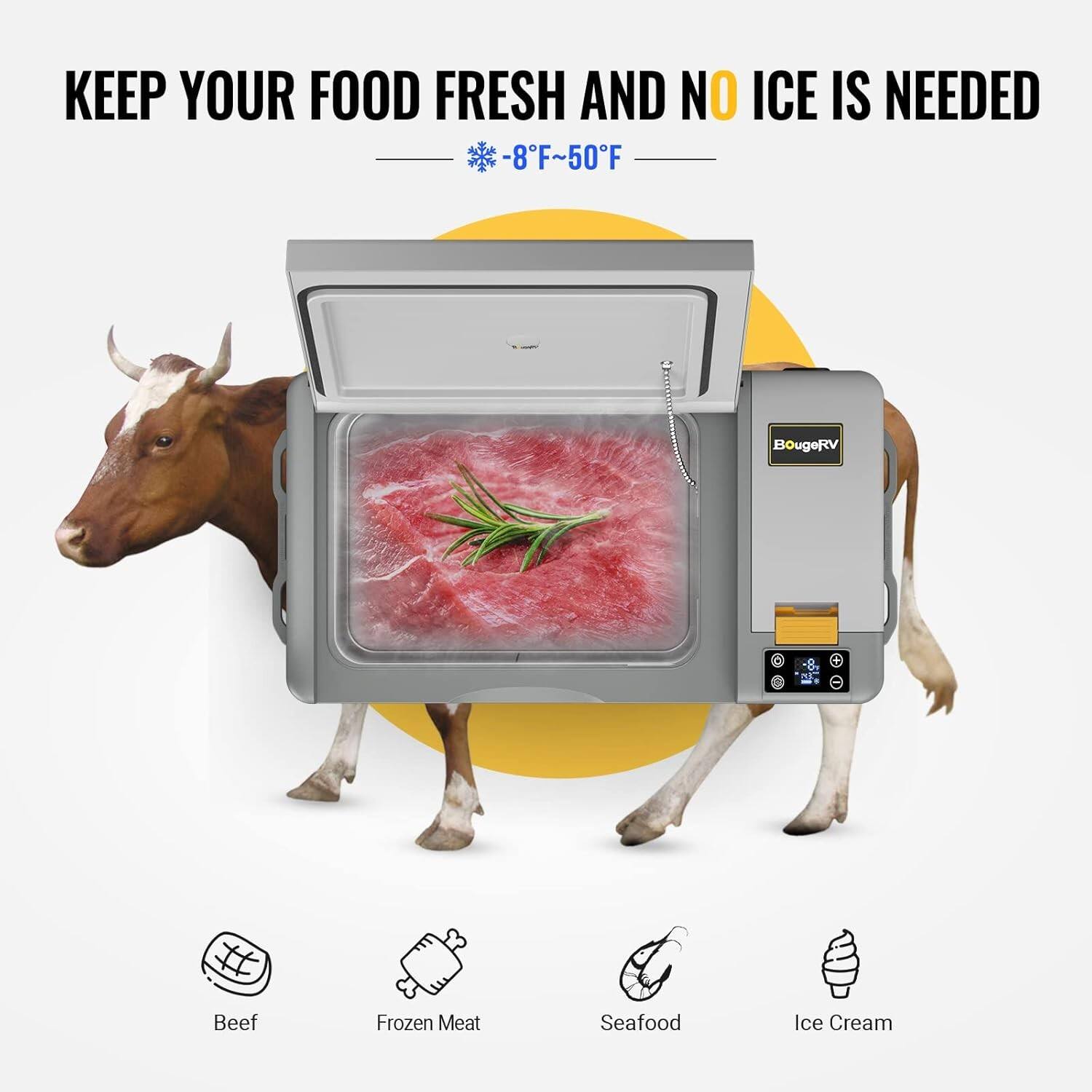 KEEP YOUR FOOD FRESH AND NO ICE IS NEEDED  
-8°F ~ 50°F  

Beef  
Frozen Meat  
Seafood  
Ice Cream