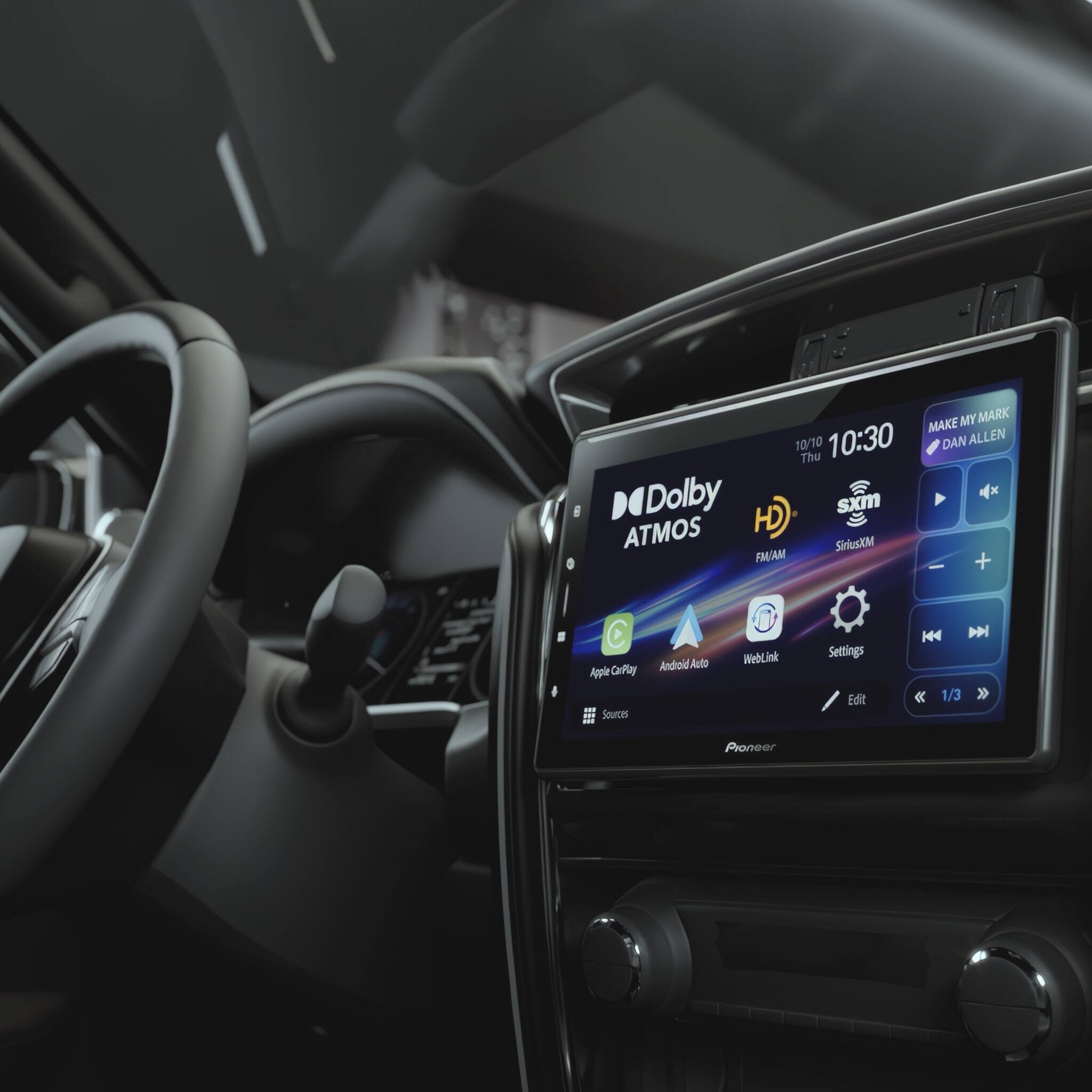 10/10 10:30  
Thu  
DAN ALLEN  
MAKE MY MARK  
Dolby ATMOS  
HD  
SXM  
SiriusXM  
FM/AM  
Apple CarPlay  
Android Auto  
WebLink  
Settings  
Edit  
1/3  
Pioneer