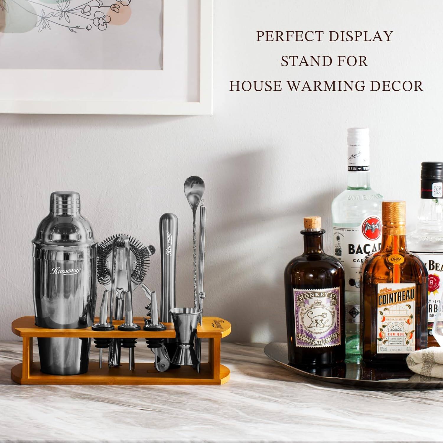 PERFECT DISPLAY STAND FOR HOUSE WARMING DECOR

- Kinsenny
- BACARDI
- MONKEY 47
- COINTREAU
- STRE RB
- SKI
- 16 LORIDUE
- LCRWAST
- SENAENAILLIEE
- MALE ER