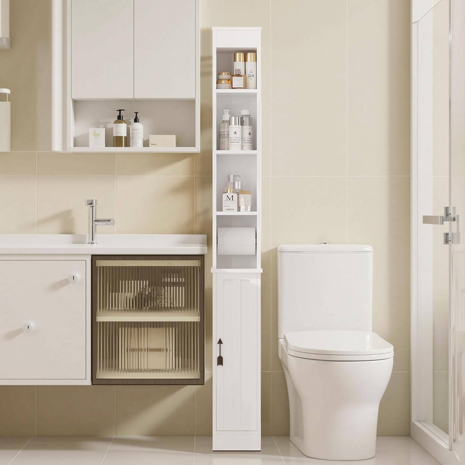 Alt View 2. Vecelo - Tall Slim Bathroom Storage Cabinet, Freestanding Waterproof Linen Tower with Adjustable Shelves for Small Spaces - Classic.