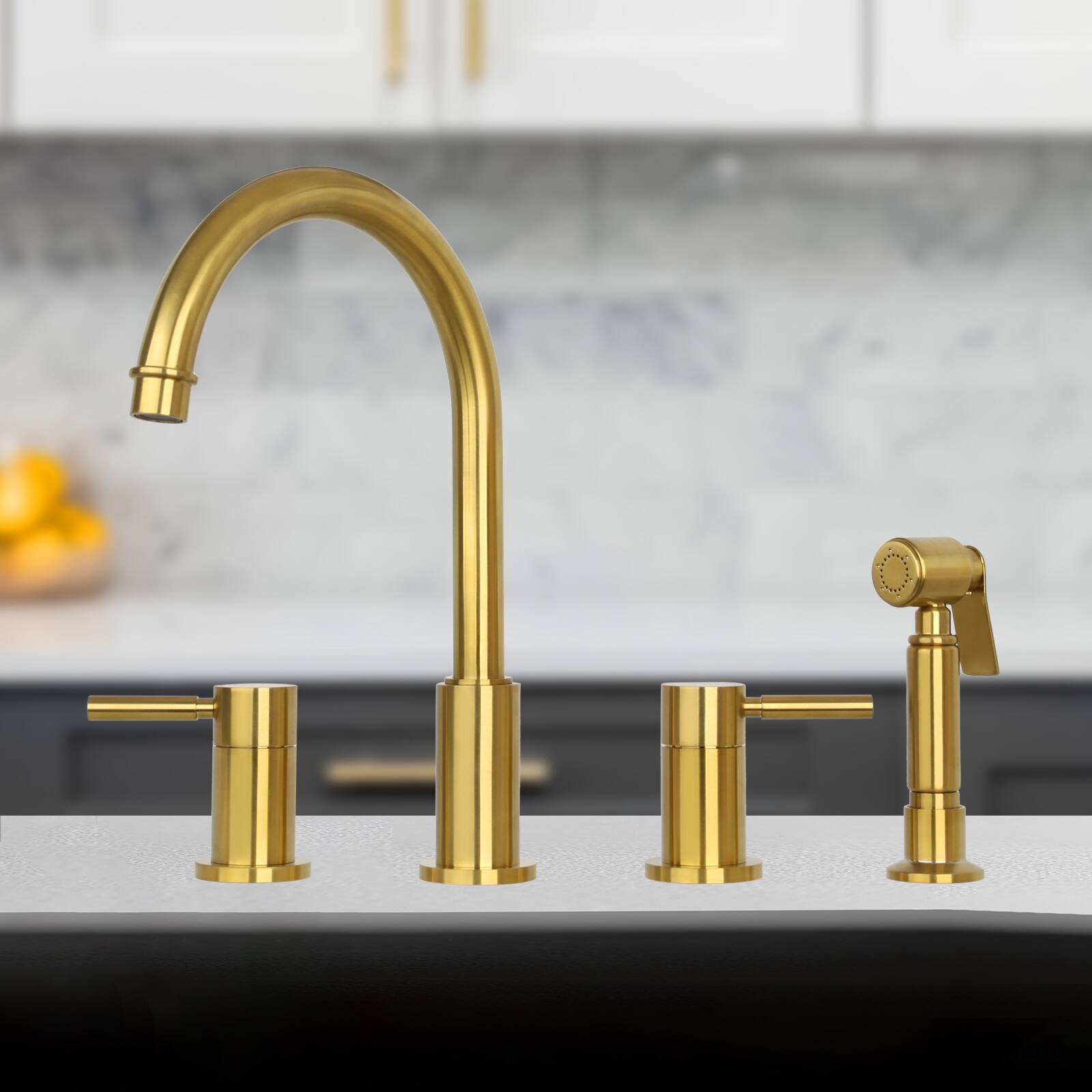 Alt View 7. Akicon - Akicon Solid Brass Double-Handle 360° Swivel Widespread Kitchen Faucet with Side Sprayer in Brushed Gold - Brushed Gold.