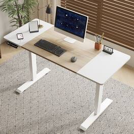 Chateau Abodes - 55" Electric Standing Desk with Adjustable Height, Real Wood Top & USB/LED, 4 Memory Buttons - Oak+Natural