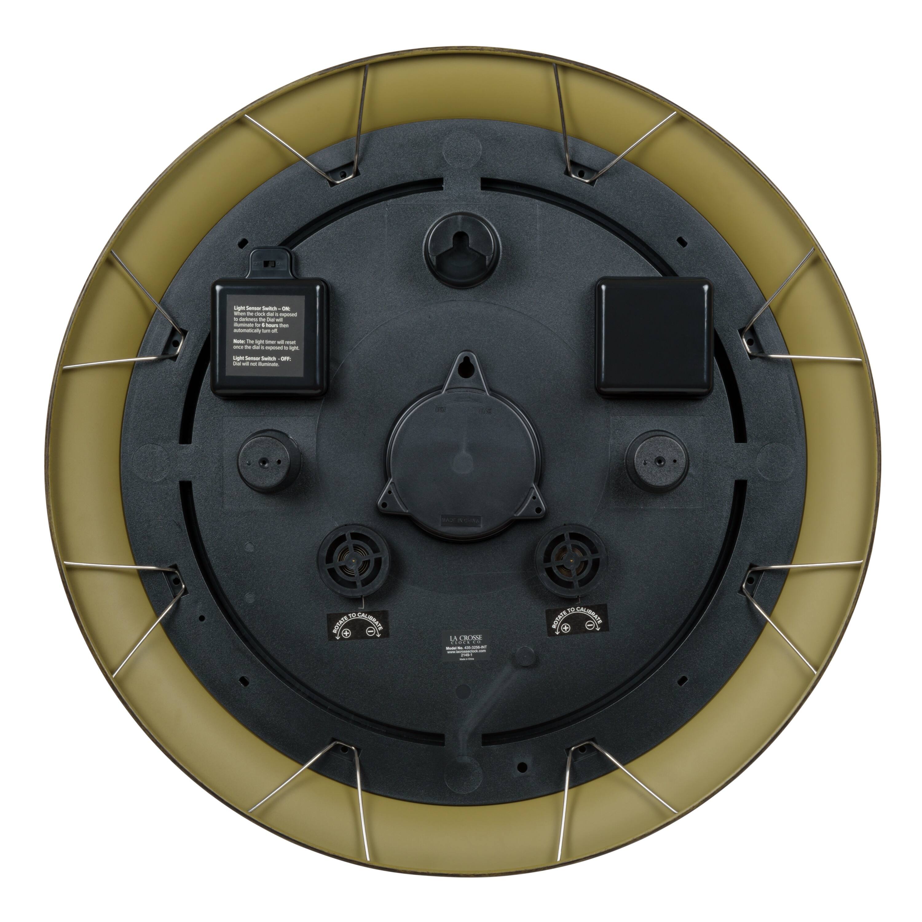 Back. La Crosse Clock Co. - 21 inch Indoor/Outdoor Leaf Lighted Dial Quartz Analog Wall Clock with Temp & Humidity - Bronze.