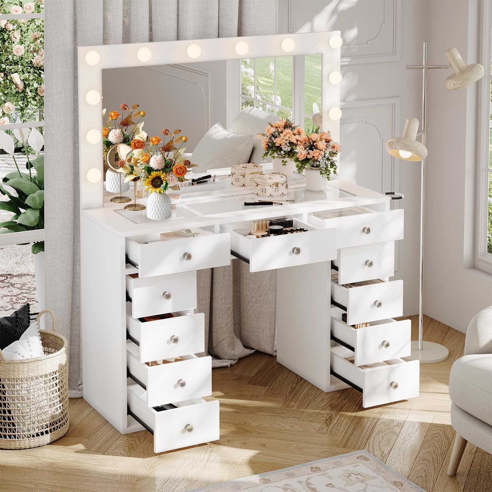 GARVEE - Vanity Desk with Mirror, LED Lights and Power Outlet Makeup Vanity Table with 11 Drawers Dressing Table for Bedroom - White