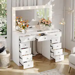 Jojoka - Makeup Vanity Desk with Mirror & 12 LED Lights, Glass Top Dressing Table with 11 Drawers & Power Outlet - White