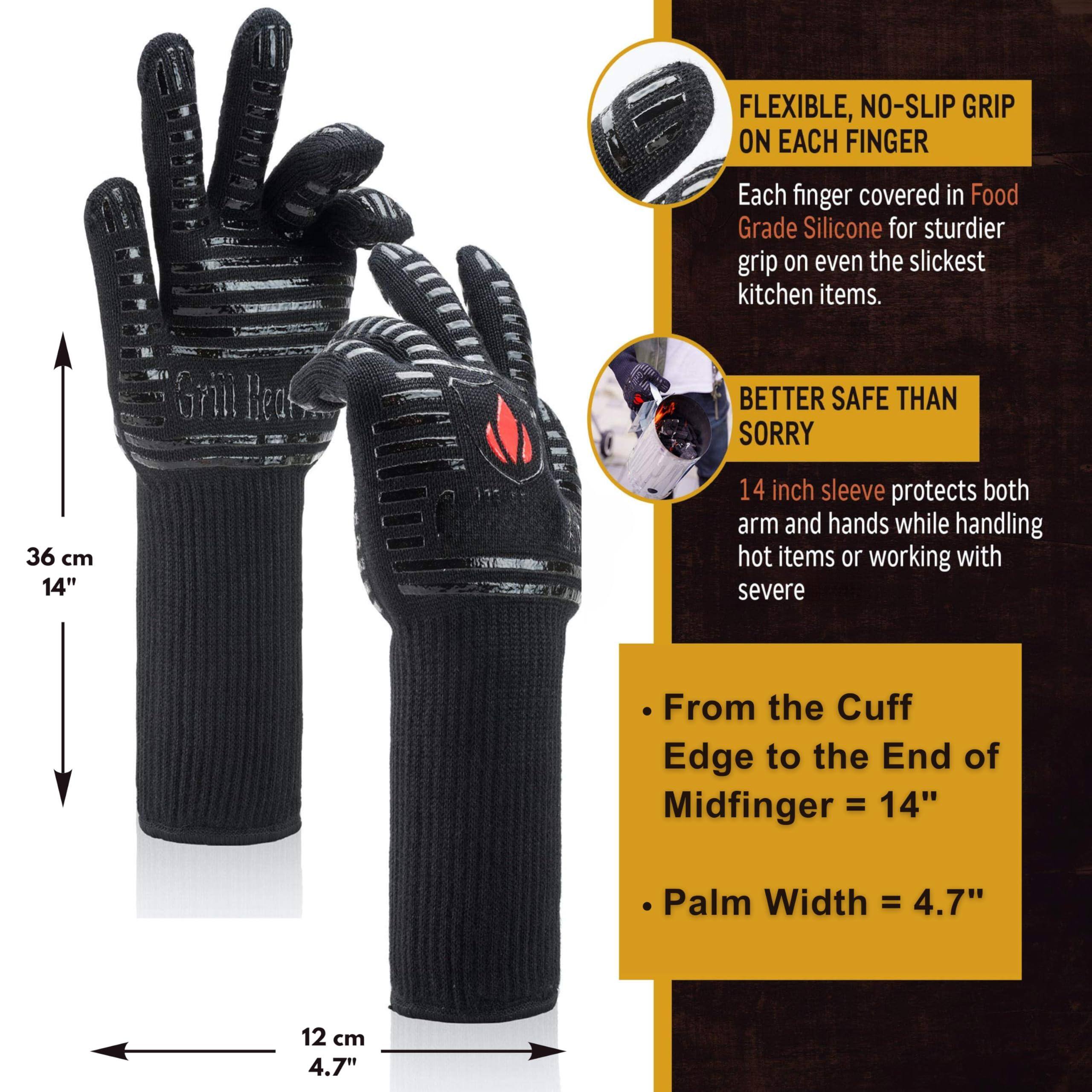 **FLEXIBLE, NO-SLIP GRIP ON EACH FINGER**  
Each finger covered in Food Grade Silicone for sturdier grip on even the slickest kitchen items.

**BETTER SAFE THAN SORRY**  
14 inch sleeve protects both arm and hands while handling hot items or working with severe

- From the Cuff Edge to the End of Midfinger = 14"
- Palm Width = 4.7"

**Dimensions**  
- 36 cm 14"
- 12 cm 4.7"