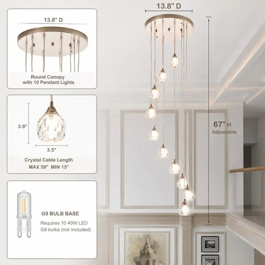 RYHNUYNE Modern 10 Light Crystal Globe Chandelier,Hanging Pendant Light ...