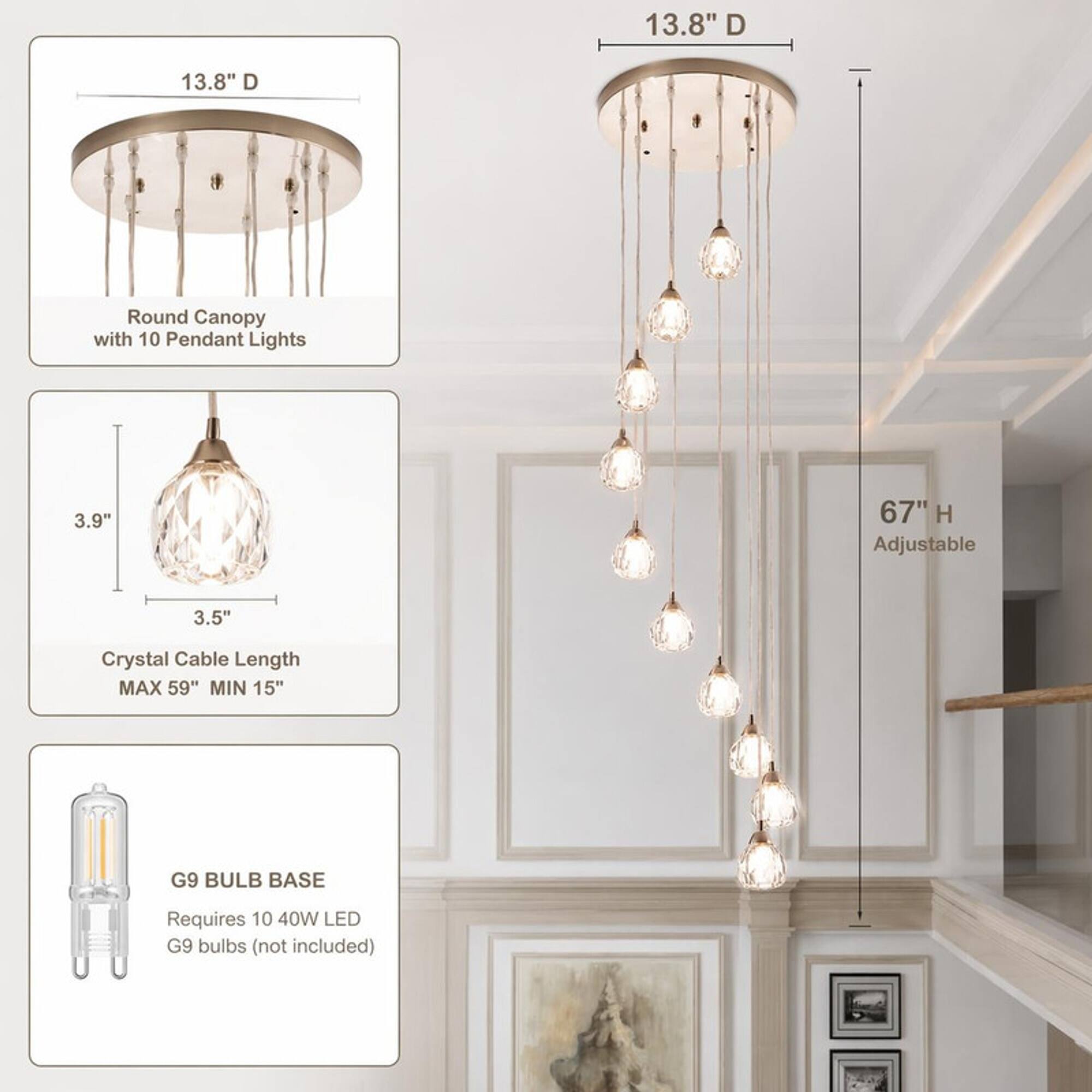 RYHNUYNE Modern 10 Light Crystal Globe Chandelier,Hanging Pendant Light ...