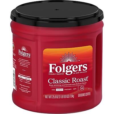 Folgers  
PROUDLY ROASTED IN NEW ORLEANS  

Classic Roast  
Easy-drinking and Smooth with Robust Flavor  

Easy-drinking  
medium-dark  
dark  
mild  
medium  

GROUND COFFEE  

NET WT 25.9 OZ (1 LB 9.9 OZ) 734g