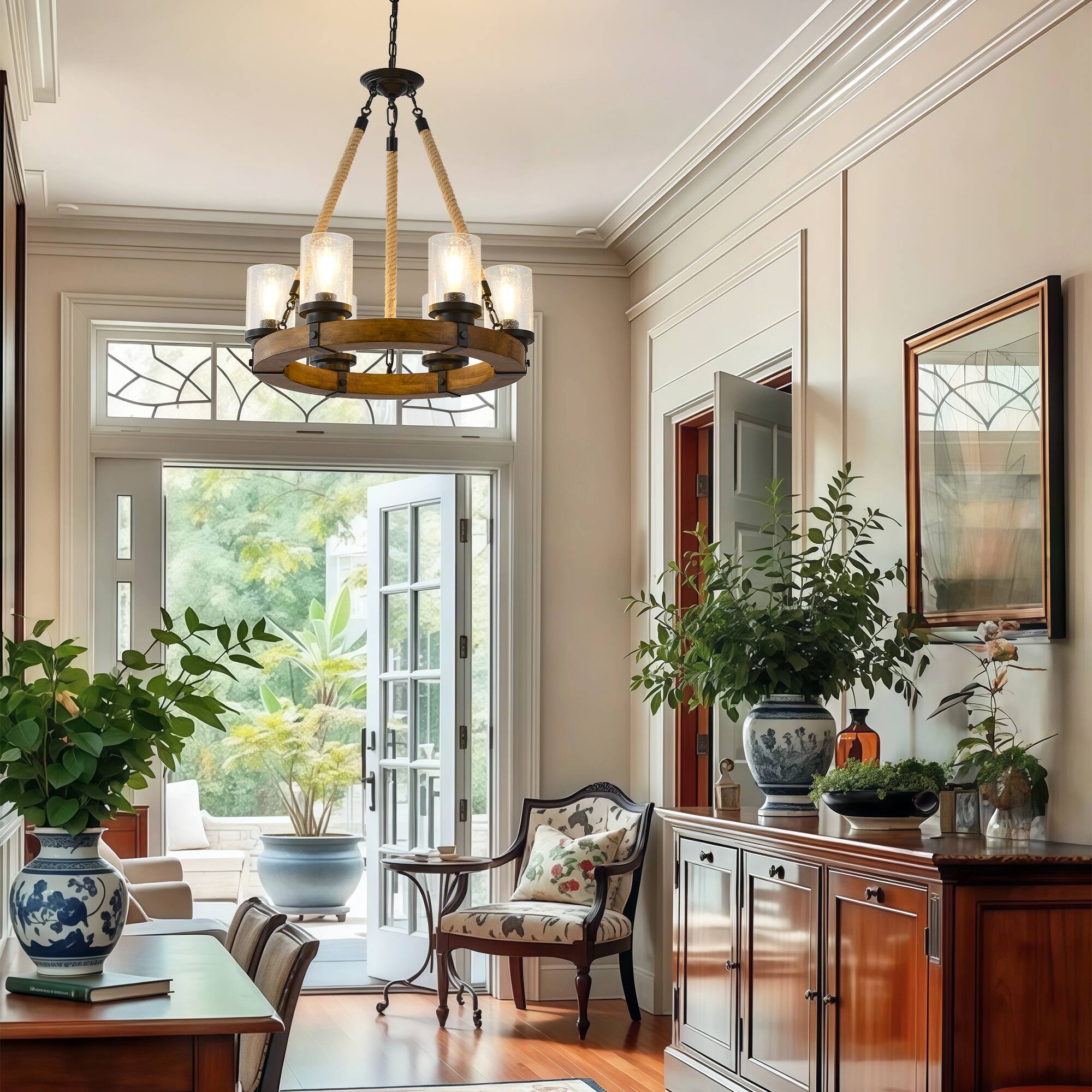 Alt View 5. RYHNUYNE - 6 Light Rustic Wagon Wheel Chandelier,Farmhouse Dining Room Light Fixture with Seeded Glass Shade,Round Wood Chandelier - Brown.