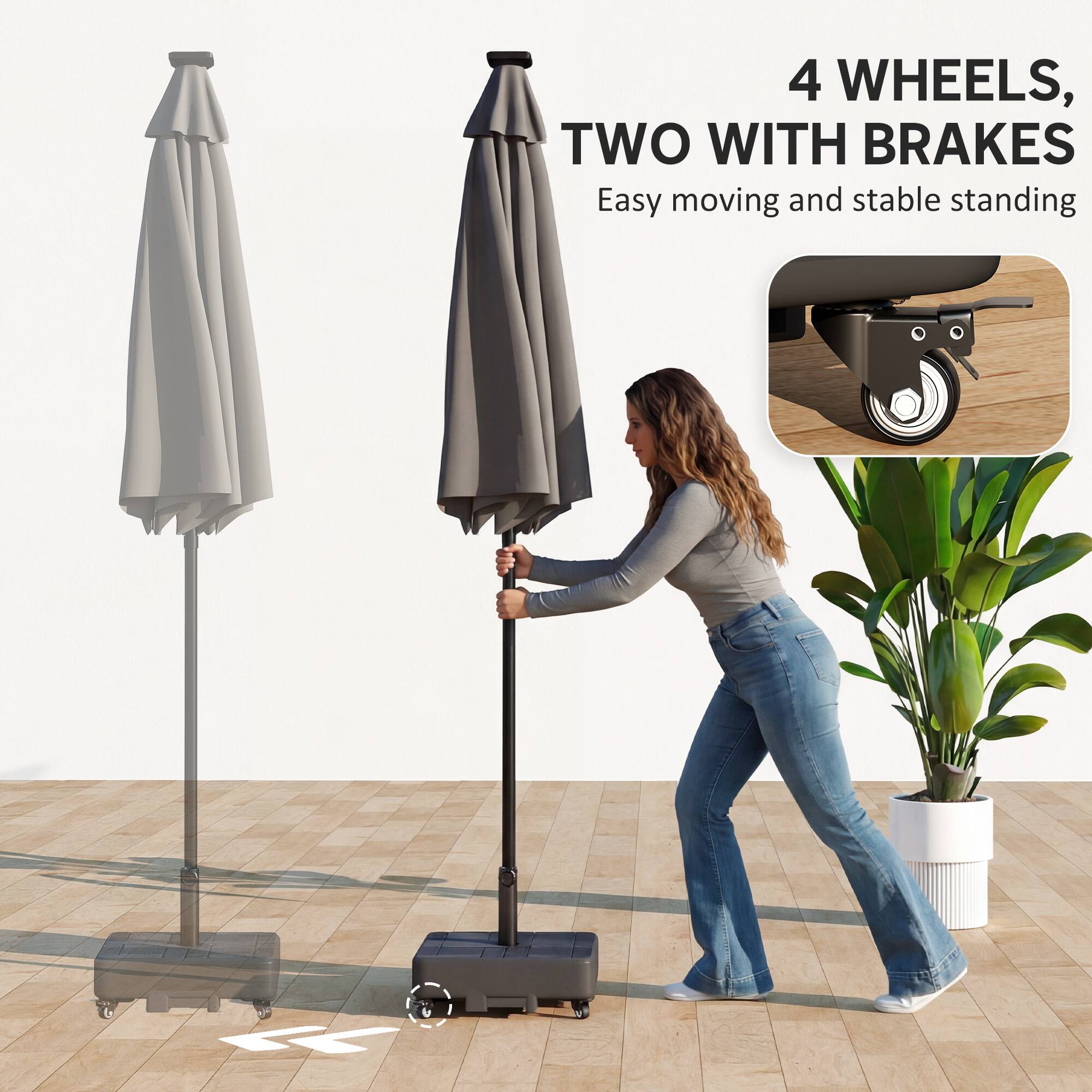 4 WHEELS, TWO WITH BRAKES  
Easy moving and stable standing