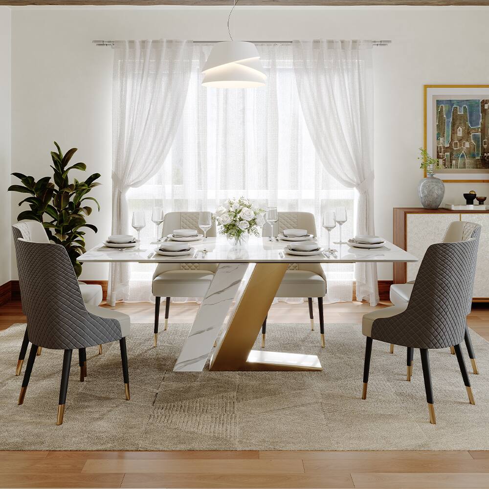 Angle. POVISON - 71"Modern Glossy White Sintered Stone Rectangular Dining Table for 4-6, White & Gold Z-shaped Stainless Steel Base - White & Gold.