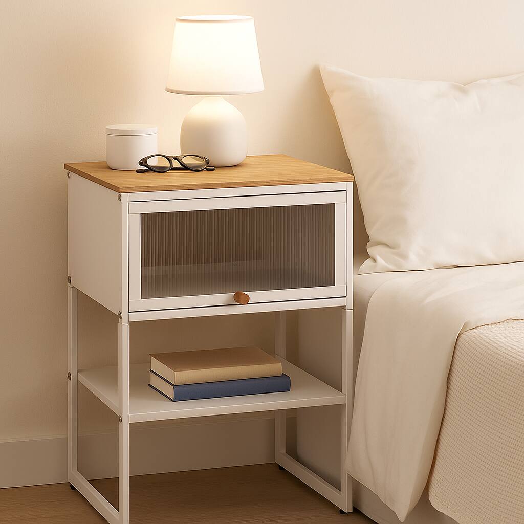 Hivvago - Bedside Table with Lift-Up Door and Storage Shelf - White