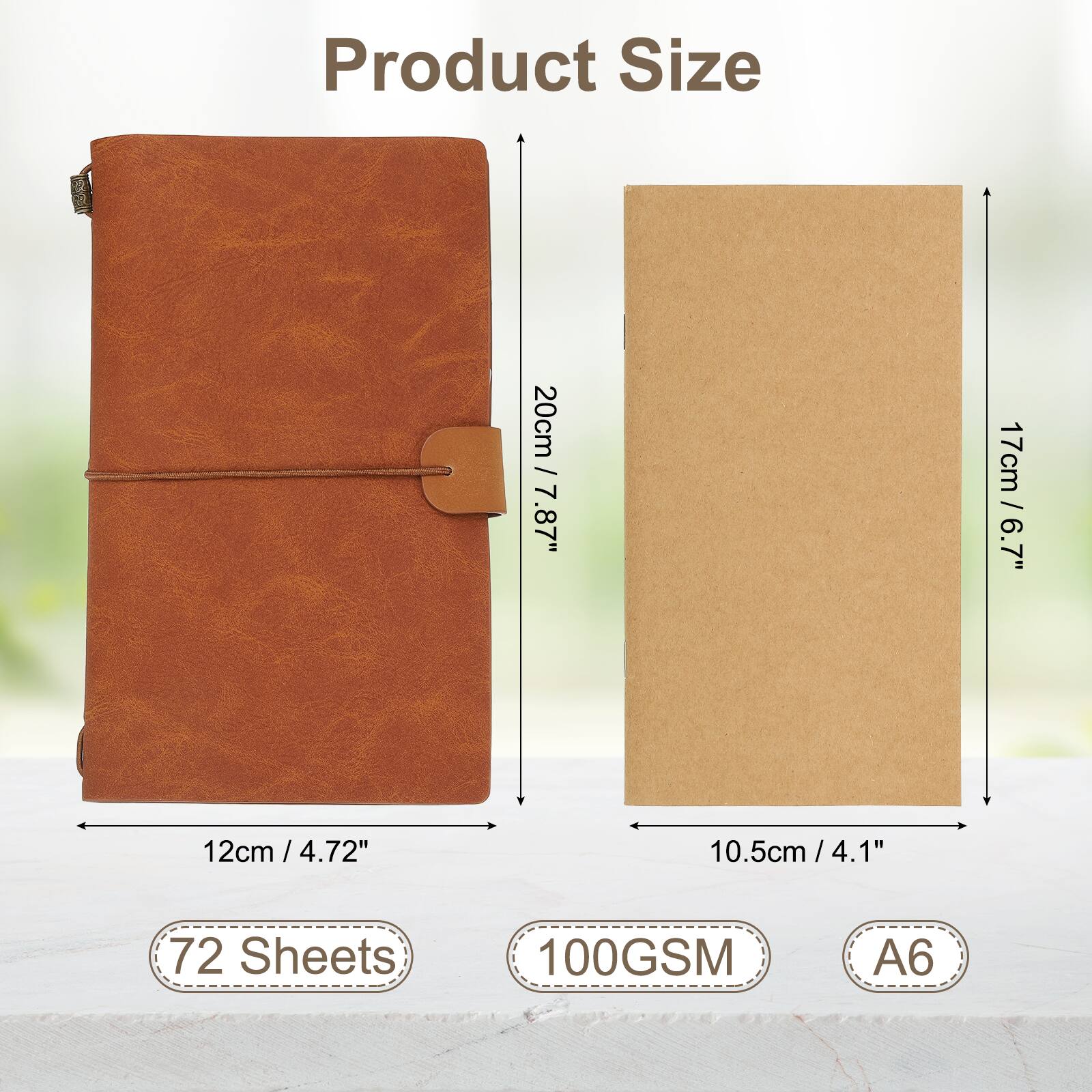 Product Size  
20cm / 7.87"  
17cm / 6.7"  
12cm / 4.72"  
10.5cm / 4.1"  
72 Sheets  
100GSM  
A6