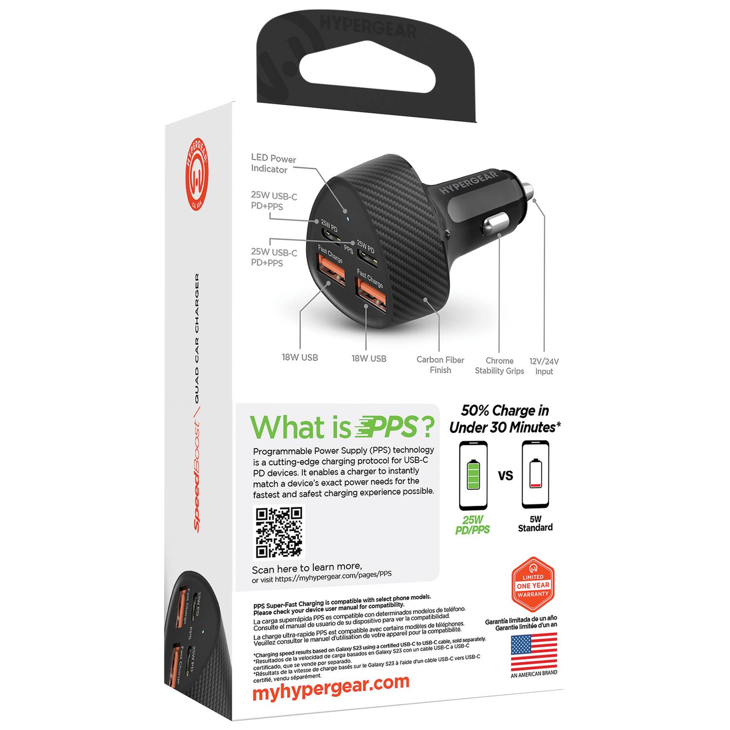 **HYPERGEAR CAR CHARGER**

- LED Power Indicator
- 25W USB-C PD+PPS
- 18W USB
- 18W USB
- Carbon Fiber Finish
- Chrome
- 12V/24V
- Stability Grips
- Input

**What is PPS?**

Programmable Power Supply (PPS) technology is a cutting-edge charging protocol for USB-C PD devices. It enables a charger to instantly match a device's exact power needs for the fastest and safest charging experience possible.

**50% Charge in Under 30 Minutes***

- 25W PD/PPS
- 5W Standard

**Scan here to learn more, or visit https://myhypergear.com/pages/PPS**

**Limited One Year Warranty**

**Compatible with select phone models. Please check your device user manual for compatibility.**

**Garantía limitada de un año**

**La carga super-rápida PPS está compatible con selectos modelos de teléfono.**

**La carga ultra-rápida PPS esté compatible con selectos modelos de teléfono.**

**myhypergear.com**