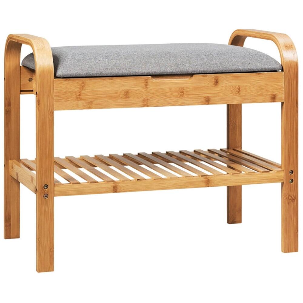 Angle. Kadyn - Shoe Rack Bench Bamboo with Storage Shelf-Natural, Space-Saving Shoe Rack Organizer for Closet Entryway - Brown.