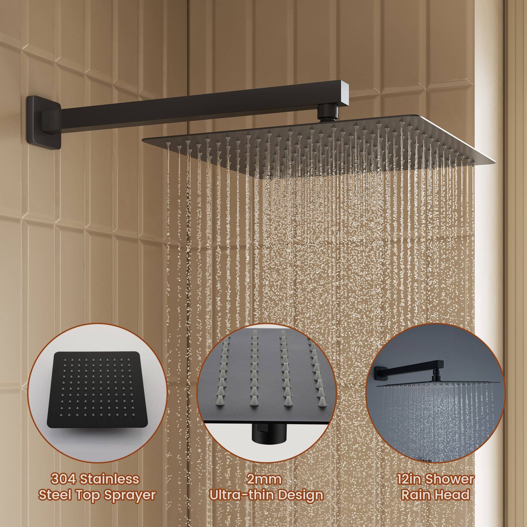 304 Stainless Steel Top Sprayer, 2mm Ultra-thin Design, 12in Shower Rain Head