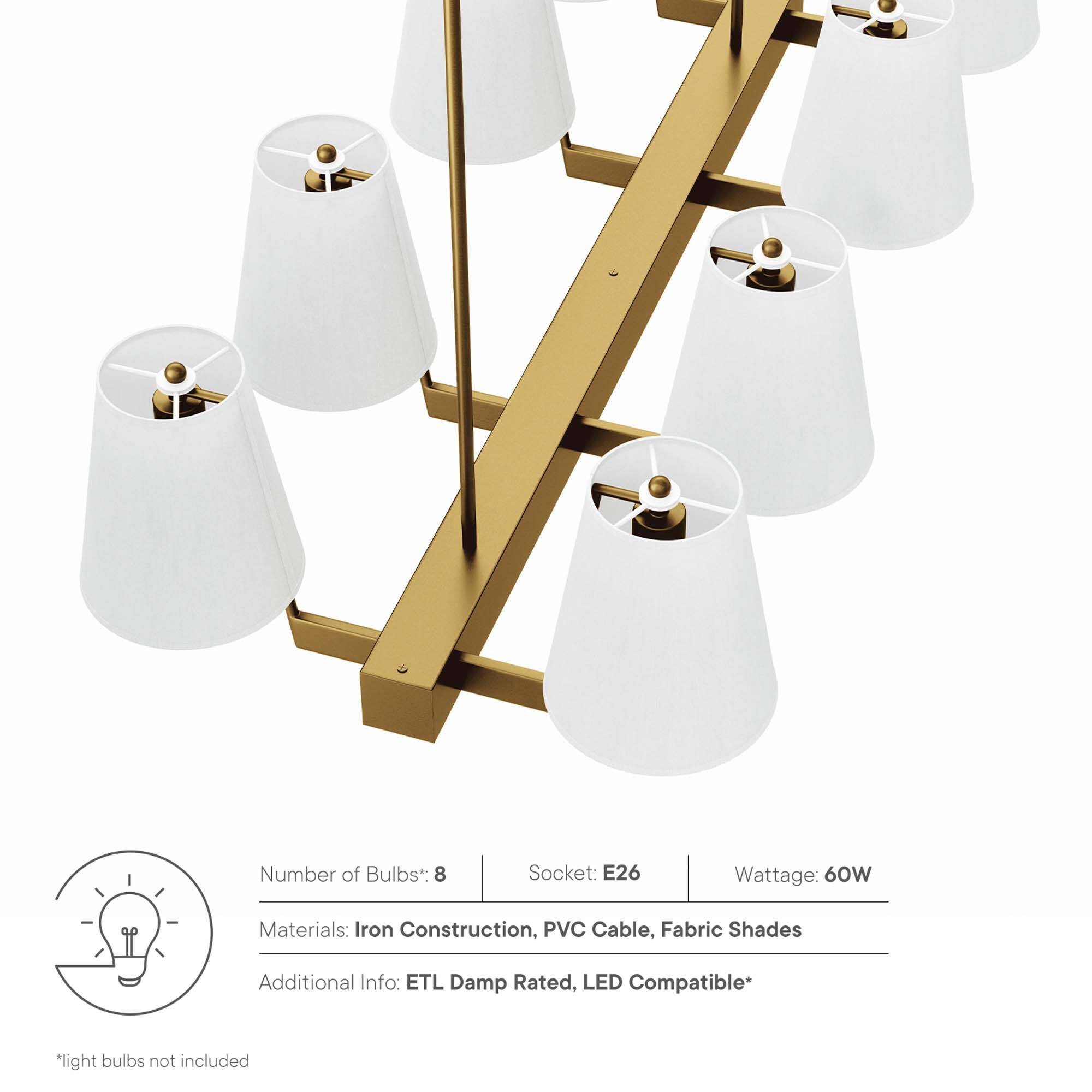 Number of Bulbs*: 8  
Socket: E26  
Wattage: 60W  
Materials: Iron Construction, PVC Cable, Fabric Shades  
Additional Info: ETL Damp Rated, LED Compatible*  

*light bulbs not included