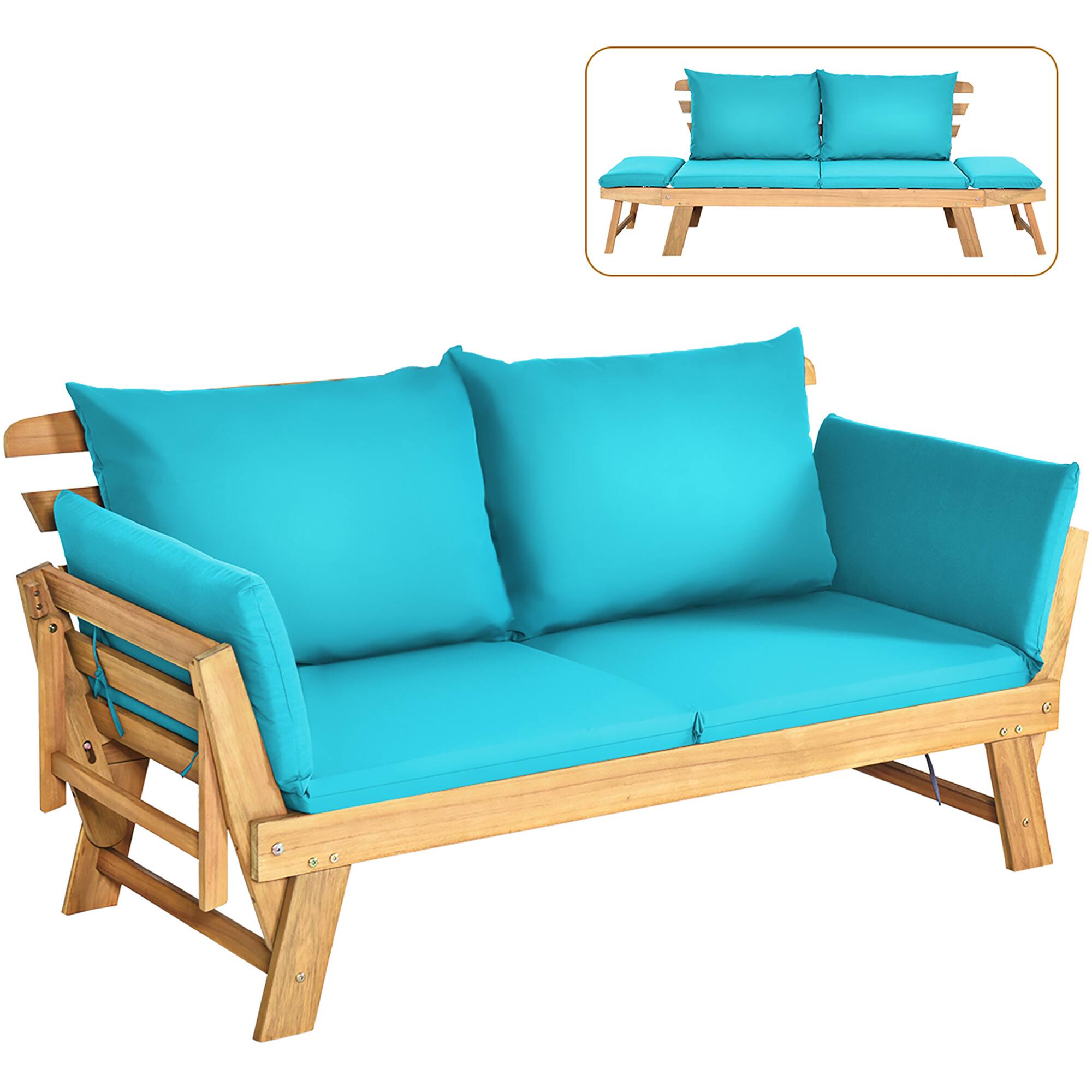 Front. Costway - Costway Patio Convertible Sofa Daybed Solid Wood Adjustable Thick Cushion - Turquoise.