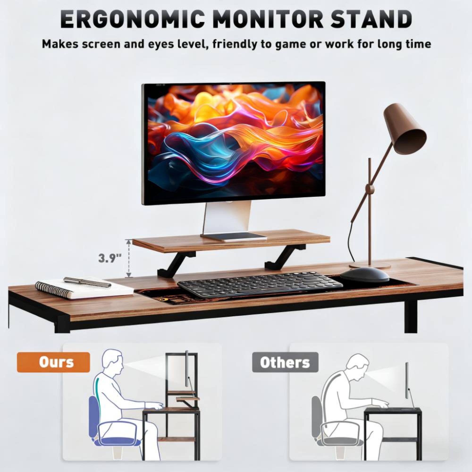 GOODSILO - Industrial Computer Desk with Reversible Shelves and Elevated Monitor Stand for Home Office Workstation - Black+Brown - Thumbnail 3