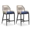 Front. PURPLE LEAF - Outdoor Sunbrella Bar Stool Set of 2, Wicker Rattan Bar stools with Back Aluminum Outside Garden Patio Bar Chairs - Dark Grey &-Navy Blue-Counter Stool.