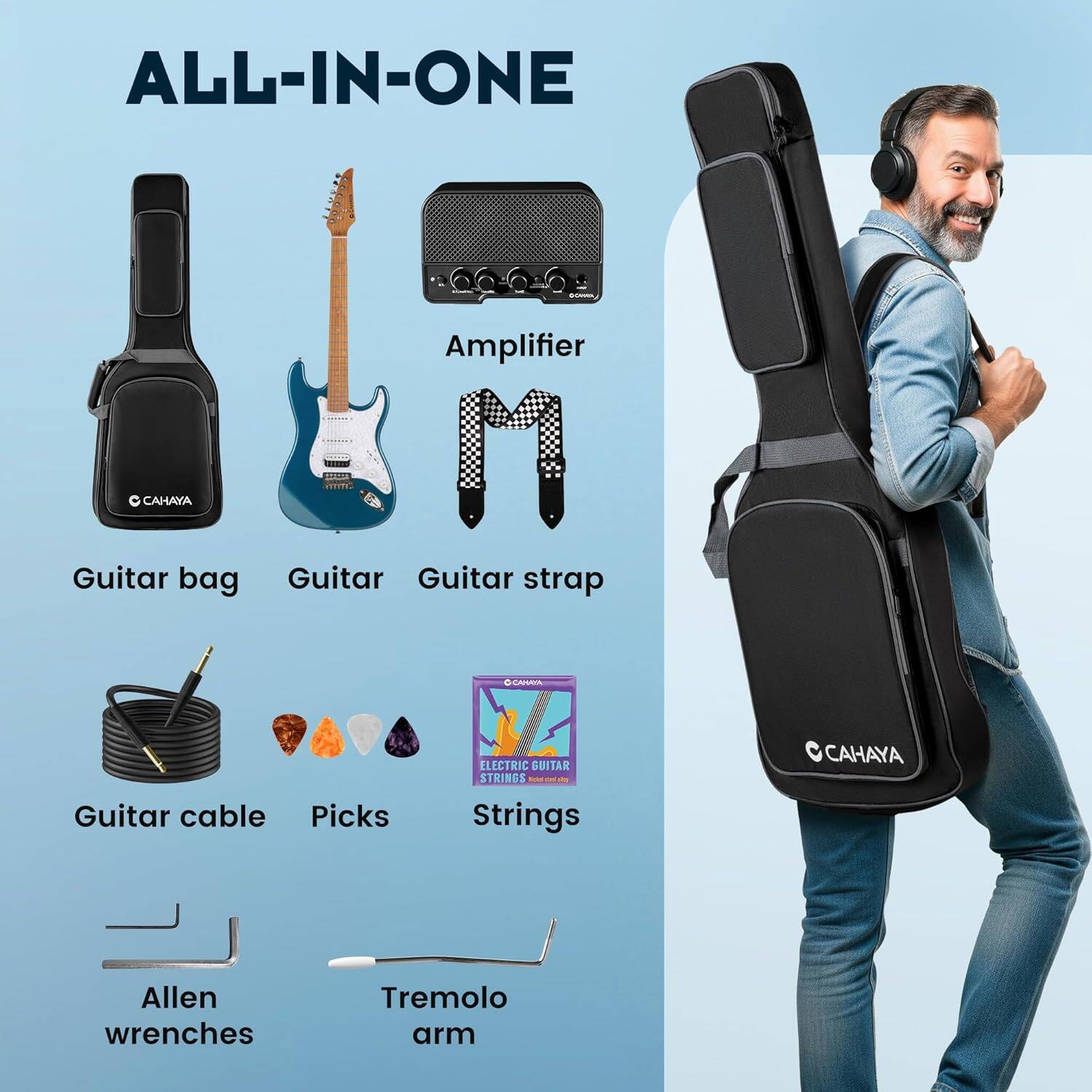 ALL-IN-ONE

- Guitar bag
- Guitar
- Guitar strap
- Amplifier
- Guitar cable
- Picks
- Electric Guitar Strings
- Allen wrenches
- Tremolo arm
