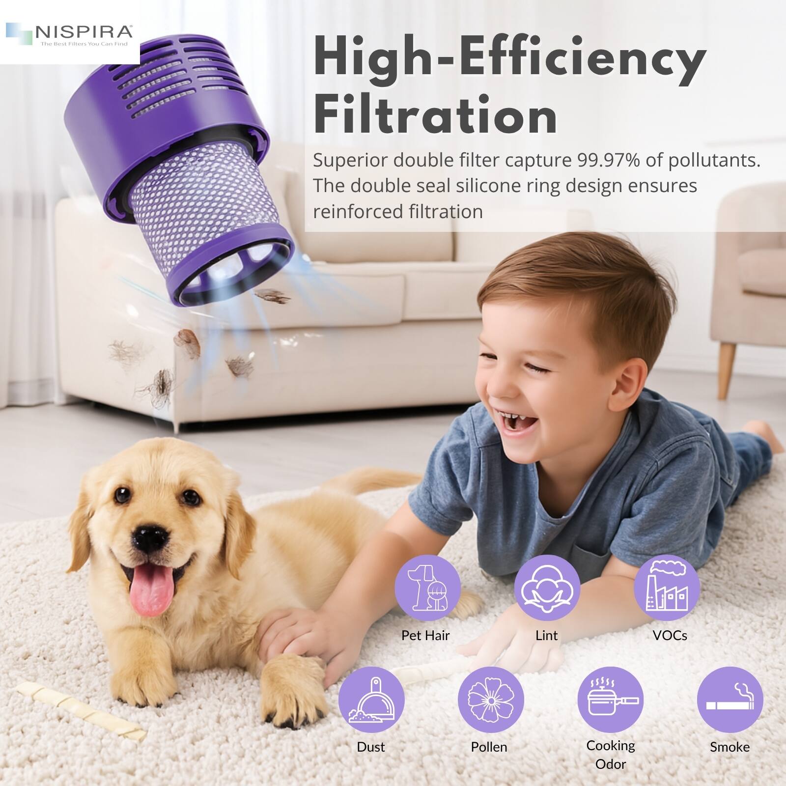 NISPIRA - The Best Filters You Can Find

High-Efficiency Filtration

Superior double filter captures 99.97% of pollutants. The double seal silicone ring design ensures reinforced filtration.

Pet Hair, Lint, VOCs, Dust, Pollen, Cooking Odor, Smoke