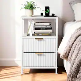 Winado - Fluted Style Nightstand with Charging Station, 2 Fabric Drawers and Shelves USB Type-C AC Outlets Front Bedside Table - White