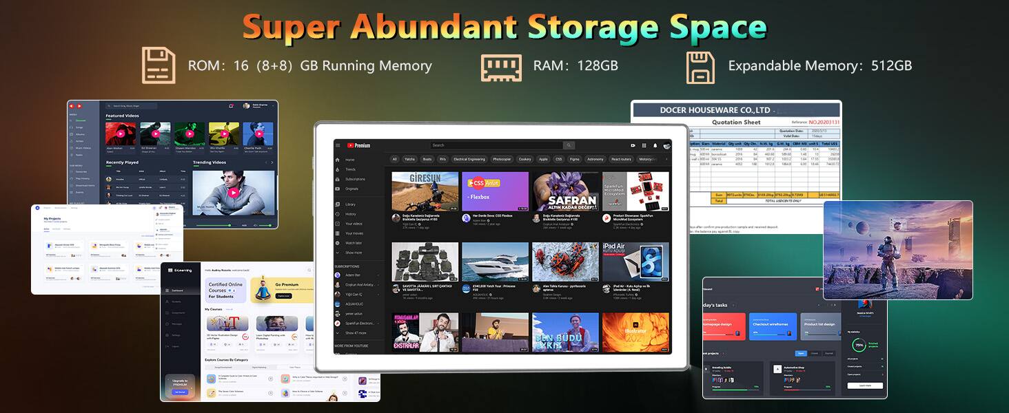 Super Abundant Storage Space  
ROM: 16 (8+8) GB  
Running Memory RAM: 128GB  
Expandable Memory: 512GB  

DOCER HOUSEWARE CO., LTD  
Quotation Sheet  
Sulerancs NOJ0203  

Recently PE Trending AN Proscium - LEW RS Seact TuitH - - netooc Eopnoering Ma ndo As Figa AE GIRESUN CSS Anlat ...  
Flexbor SAFRAN ALIO KACS DECEPST - - - - - poe - ! - -- .. P J ro - iPad Air ESIETES Certiffed Oniline Courses Fo - - T S Plu Smt . AAE CNISTRALAR BEN BUDU RI% tlustranor dar's Backs - - Talpars F9
